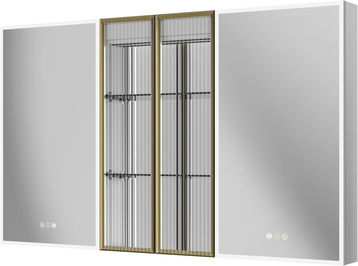Recessed Medicine Cabinet with Mirror, Medicine Cabinets for Bathroom, 60”W X 36”H, Defogger, Dimmer, Outlets & USB, Four Doors