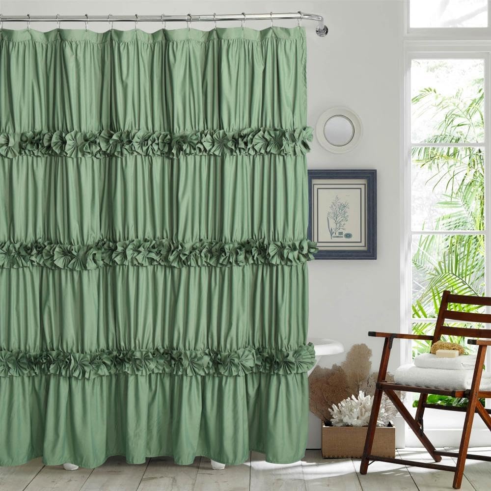 Victorian Ruffle Shower Curtain, Vintage Handcrafted Bow Tie Bath Curtain for Master Bathroom, Ruched Microfiber Bathroom Curtain with 12 Buttonholes, 72" W x 84" H, White (LQ-10)