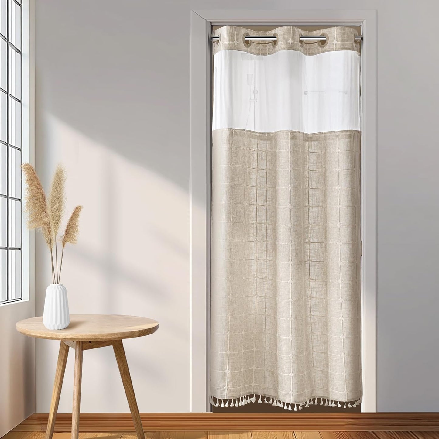 River Dream Farmhouse Linen Textured Shower Curtain with Snap-in Liner Set, No Hooks Needed, with Tassels for Rustic Bathroom Decor,with Window,with Magnets,Linen,71Wx74H