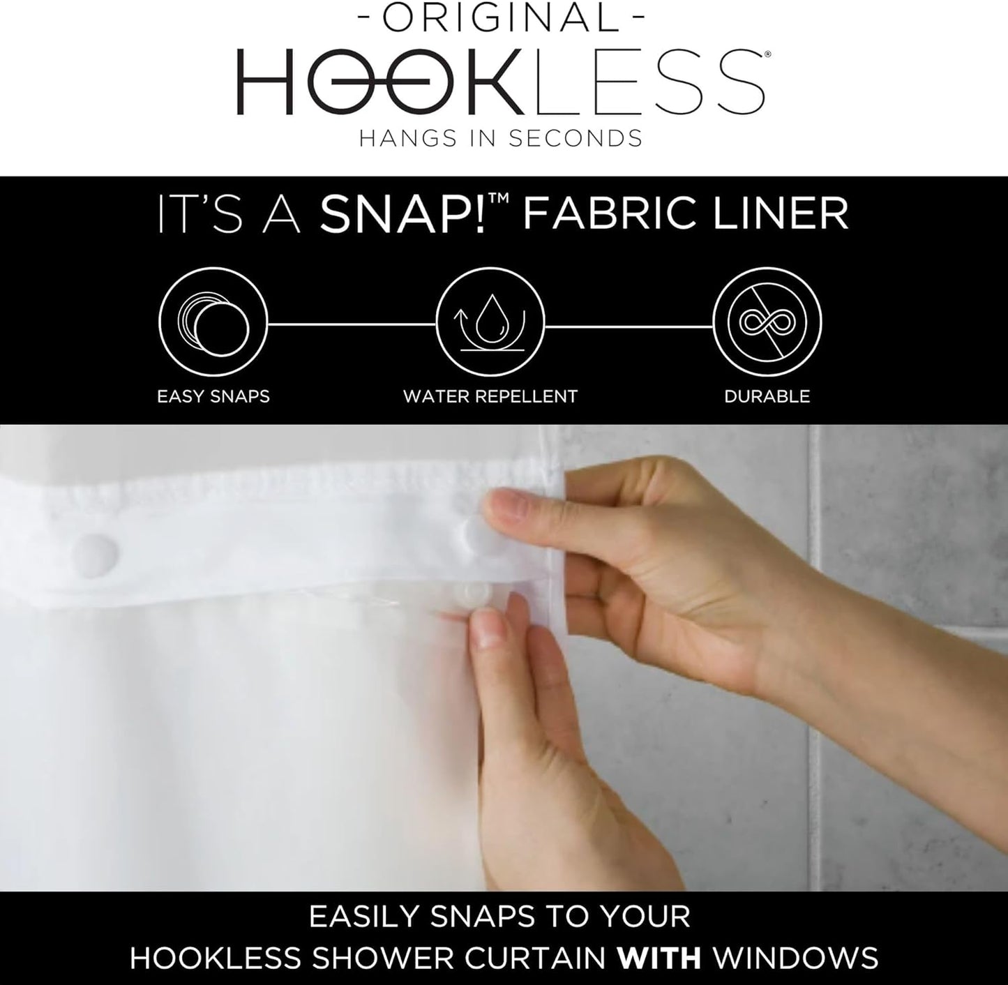 Hookless It’s A Snap! Waffle Shower Curtain, 3-in-1 Shower Curtain Includes Fabric Shower Curtain with Sheer Top Window, Flex-On Rings & Fabric Liner, 71” x 74”, Misty Blue