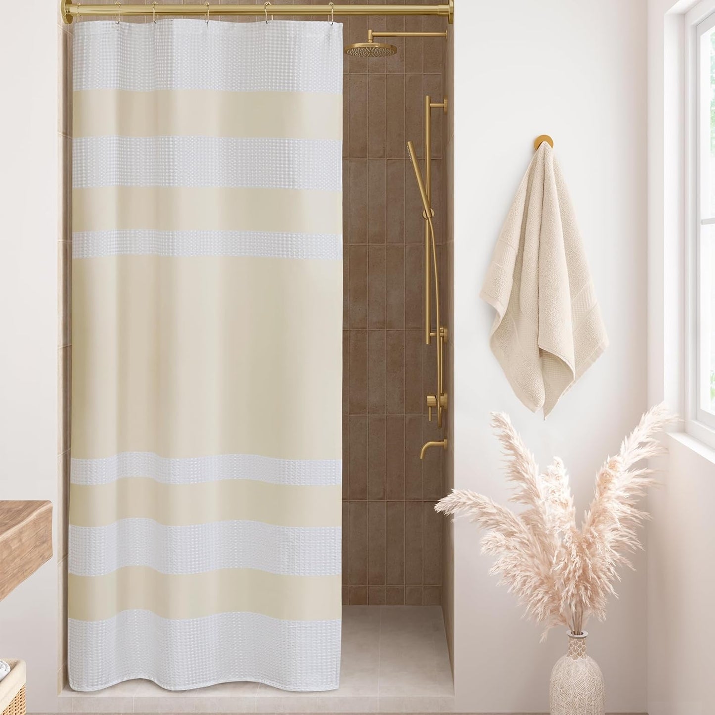 Madison Park Shower Curtain Waffle Weave Striped Pieced Design Fabric Shower Curtains for Bathroom with 3M Scotchgard Moisture Management Premium Spa Quality Modern Standard 72"x72" Grey
