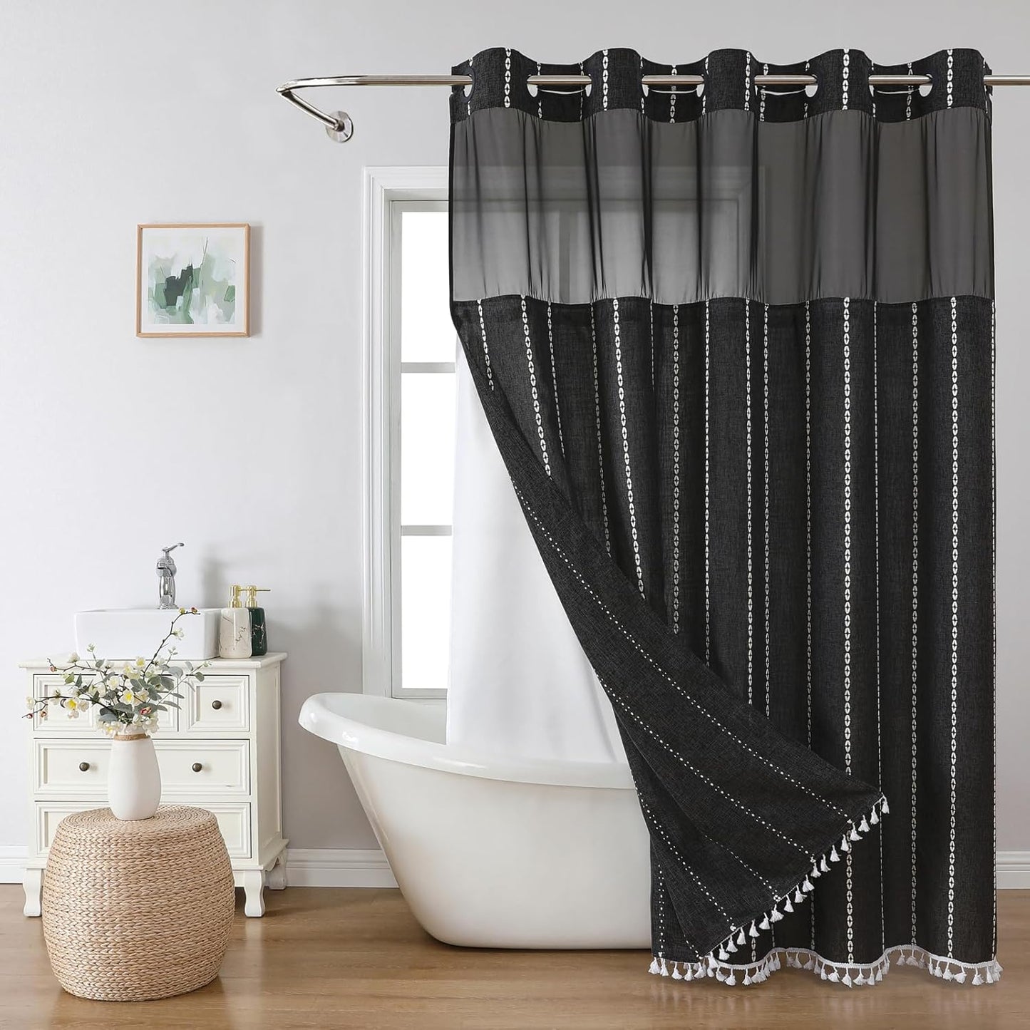 Boho Farmhouse No Hook Shower Curtain Set with Snap-in Fabric Liner,Heavy-Duty Linen Textured Rustic Striped Design,Water-Repellent with Tassels and Sheer Window,Cream/Beige,71x74