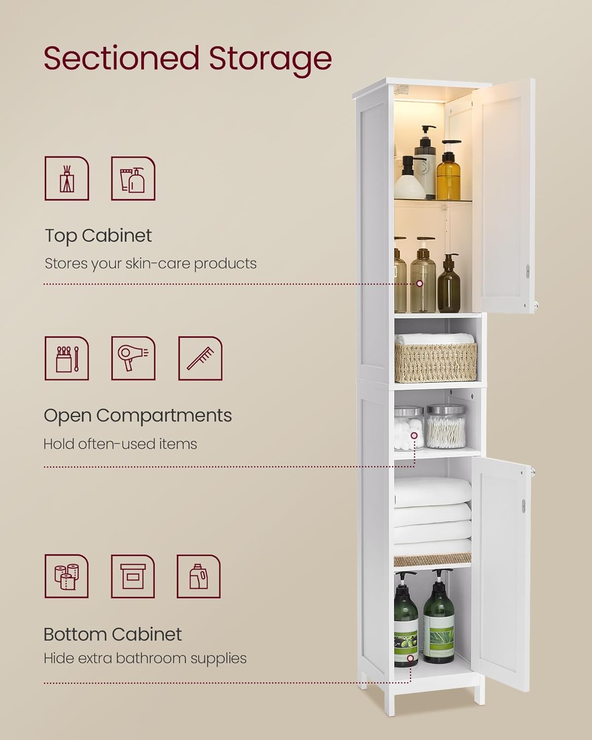 VASAGLE Tall Bathroom Cabinet with Lights, Slim Freestanding Bathroom Storage Cabinet with Adjustable Shelves, for Small Spaces, Modern, 11.8 Inches Wide, Cloud White UBBC566W02