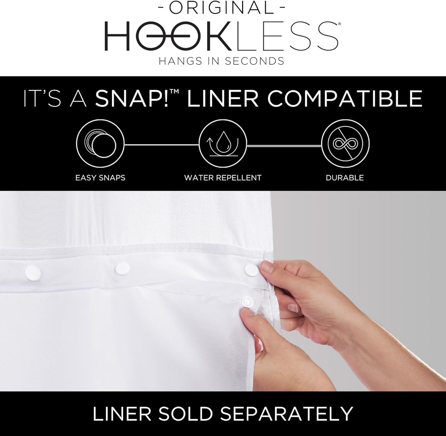 Hookless It’s A Snap! Waffle Stripe Shower Curtain, 2-in-1 Shower Curtain Includes Fabric Shower Curtain with Sheer Top Window and Flex-On Rings, Liner Compatible, 71” x 74”, Bright White