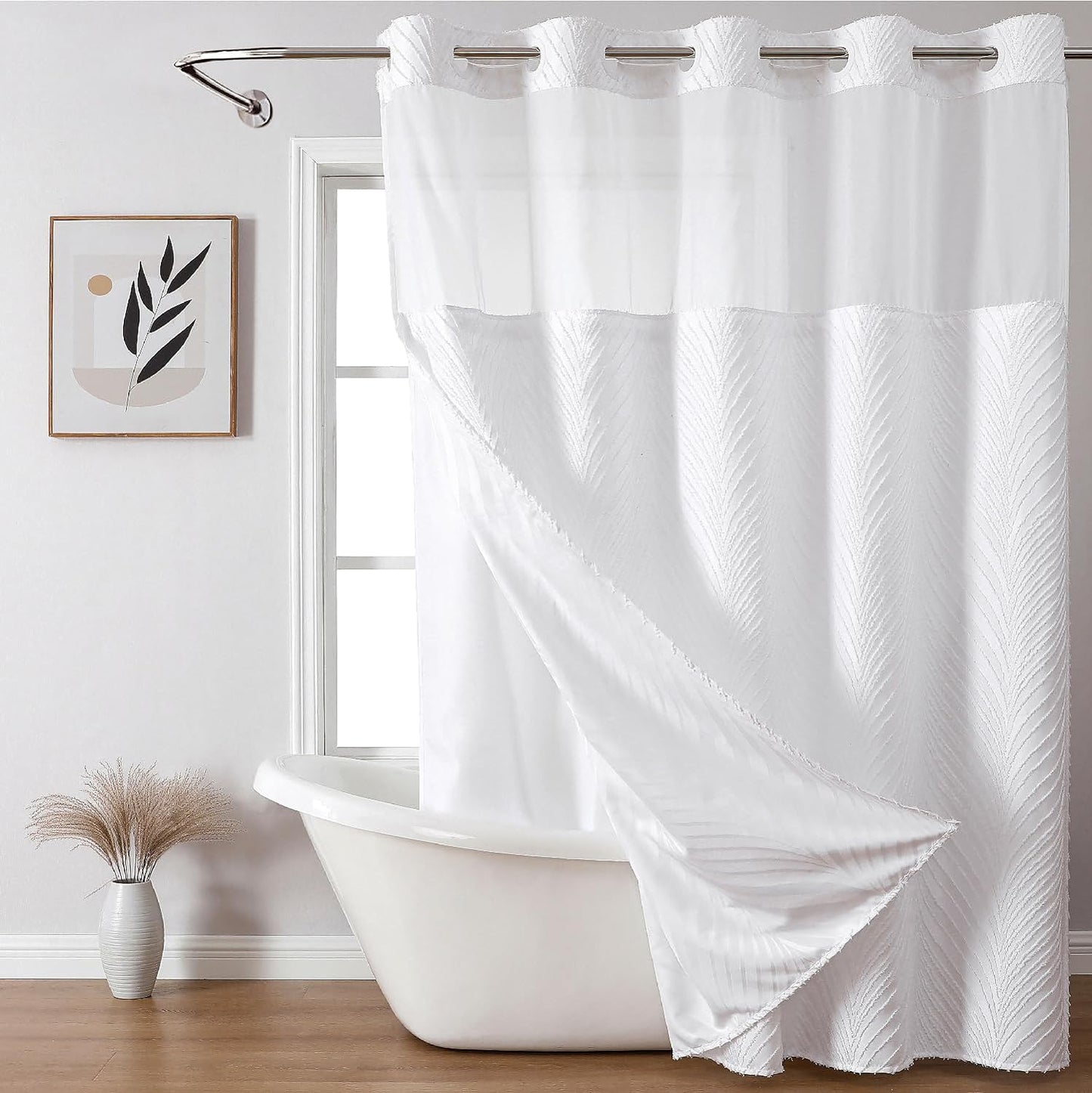 No Hook Shower Curtain and Liner Set,No Hook Tufted Striped Textured Shower Curtain with Snap in Liner Replacement and Waterproof Fabric,Boho Style with See Through Top Window,DarkGreen,71Wx74H