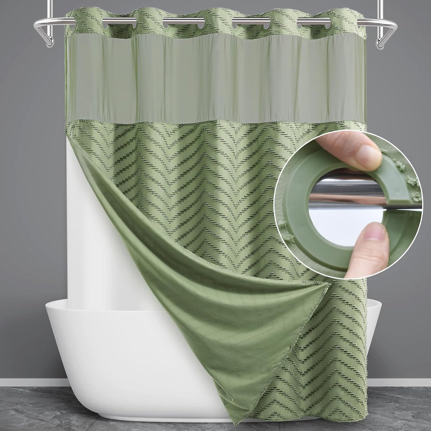No Hook Shower Curtain with Snap in Liner, Tufted Chevron Striped Shower Curtain Set for Bathroom, Boho Waterproof and Washable Shower Curtains,71Wx74H, Grey