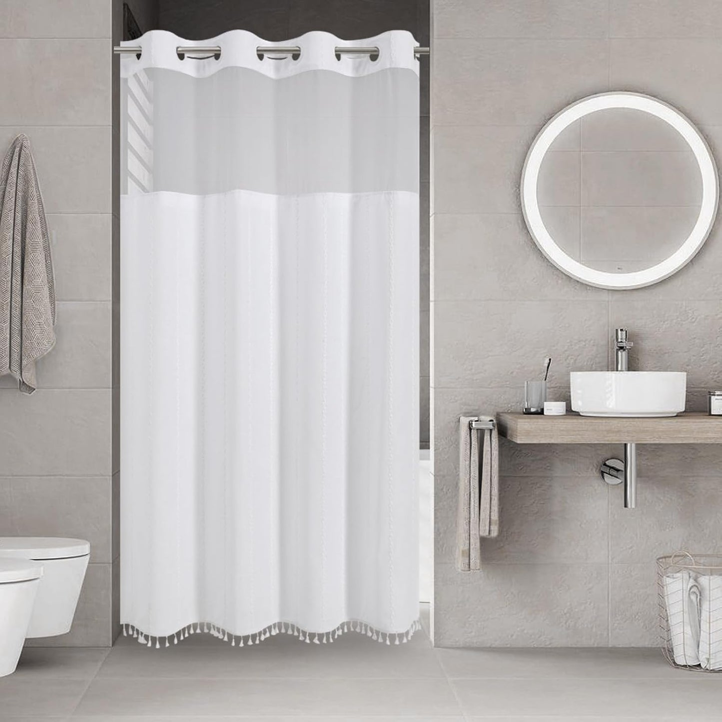Boho Farmhouse No Hook Shower Curtain Set with Snap-in Fabric Liner,Heavy-Duty Linen Textured Rustic Striped Design,Water-Repellent with Tassels and Sheer Window,Cream/Beige,71x74