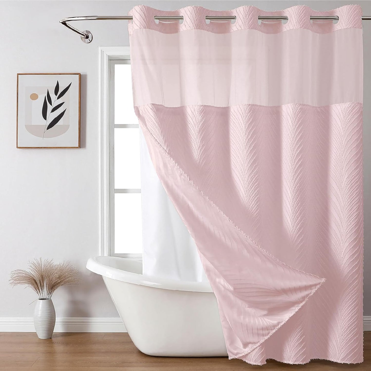 No Hook Shower Curtain and Liner Set,No Hook Tufted Striped Textured Shower Curtain with Snap in Liner Replacement and Waterproof Fabric,Boho Style with See Through Top Window,DarkGreen,71Wx74H