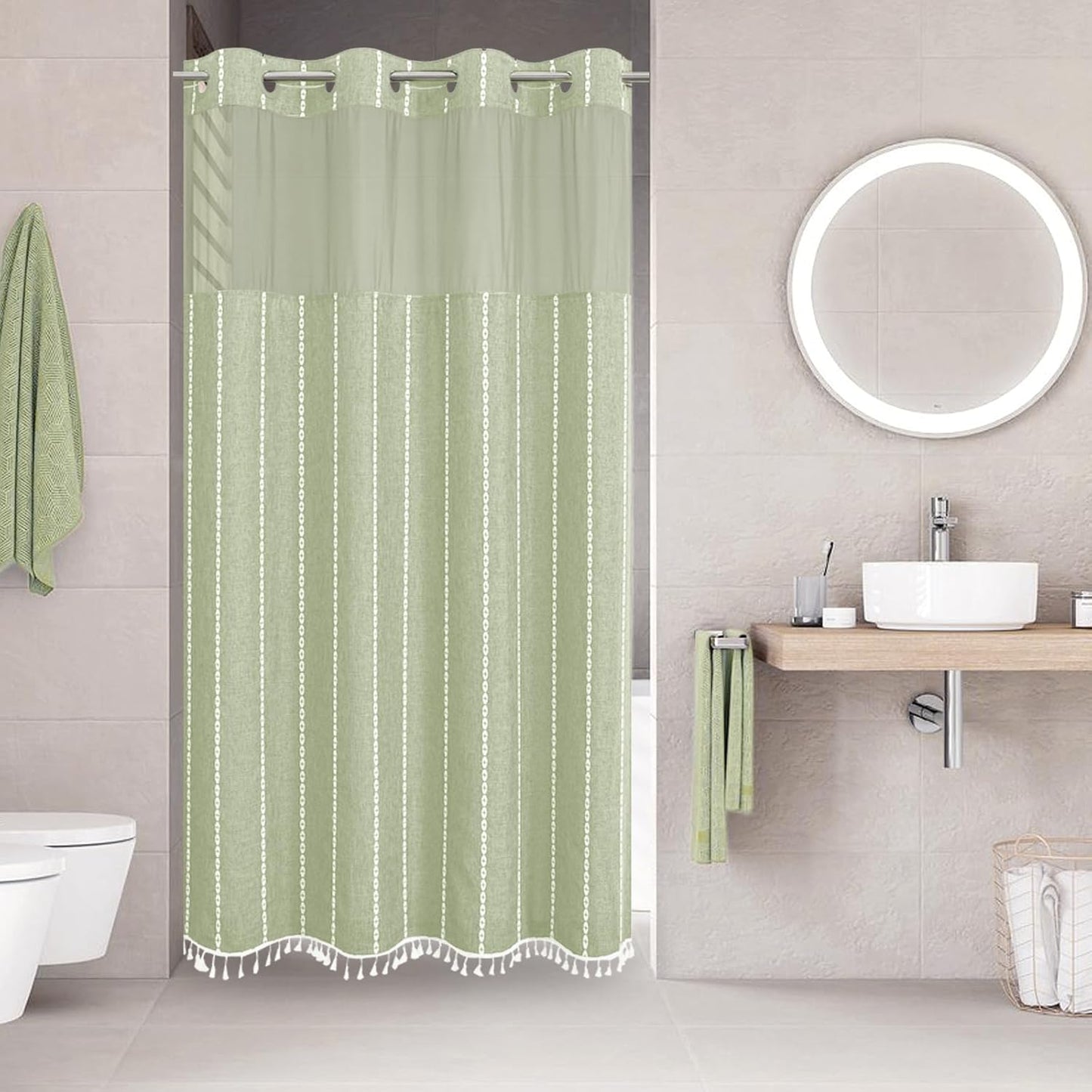 Boho Farmhouse No Hook Shower Curtain Set with Snap-in Fabric Liner,Heavy-Duty Linen Textured Rustic Striped Design,Water-Repellent with Tassels and Sheer Window,Cream/Beige,71x74