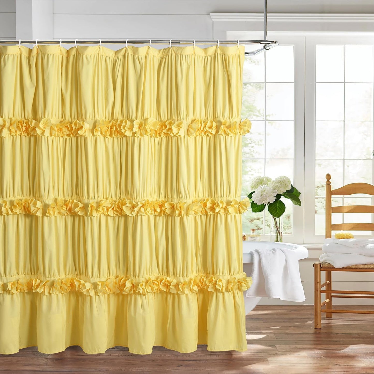 Victorian Ruffle Shower Curtain, Vintage Handcrafted Bow Tie Bath Curtain for Master Bathroom, Ruched Microfiber Bathroom Curtain with 12 Buttonholes, 72" W x 84" H, White (LQ-10)