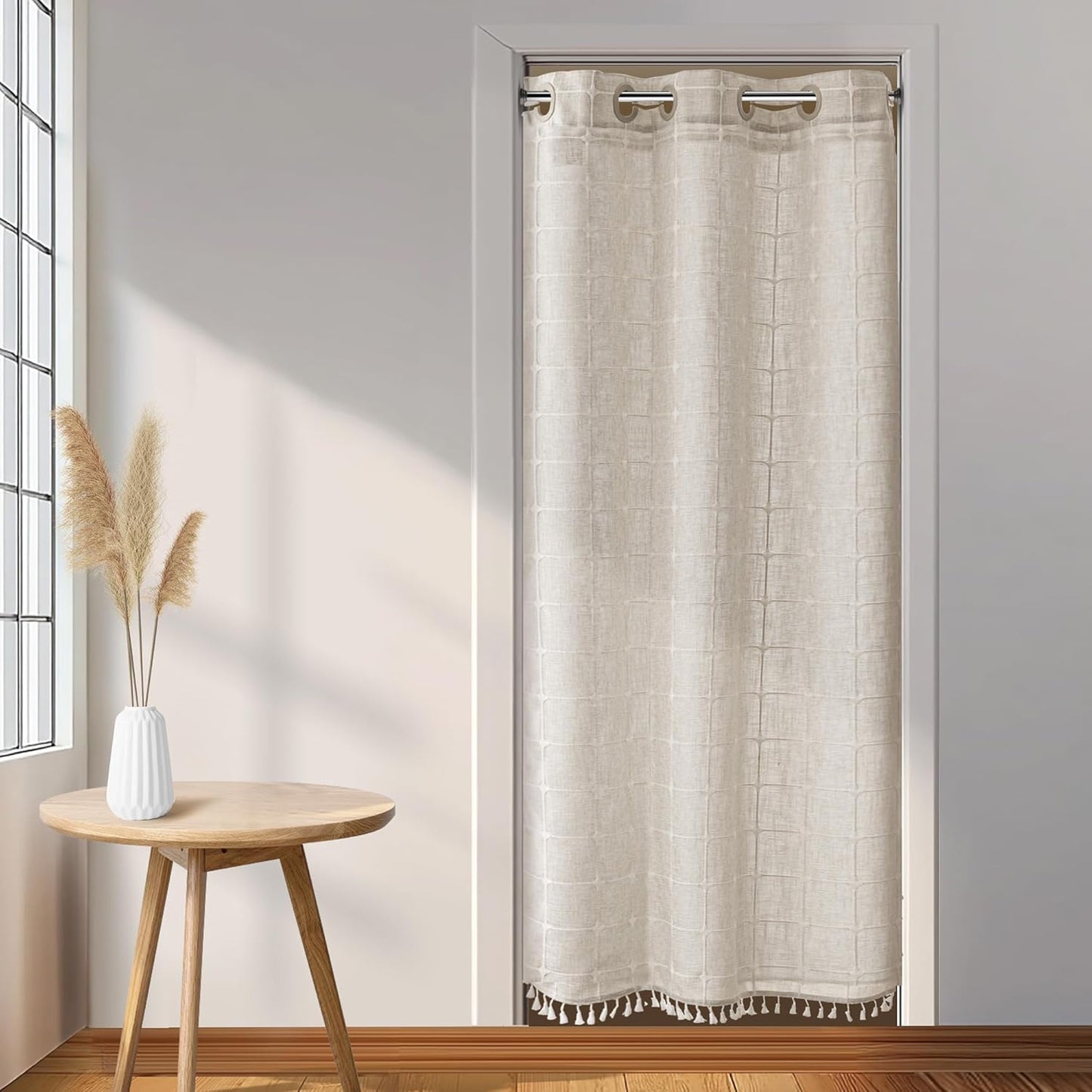 River Dream Farmhouse Linen Textured Shower Curtain with Snap-in Liner Set, No Hooks Needed, with Tassels for Rustic Bathroom Decor,with Window,with Magnets,Linen,71Wx74H