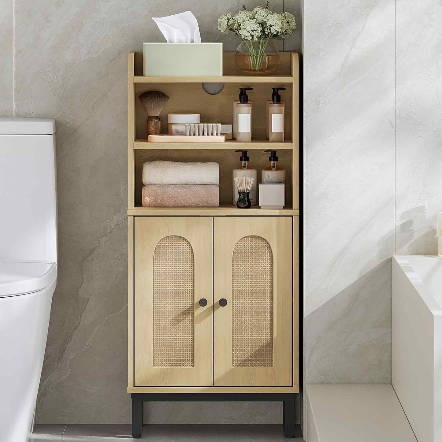 Bathroom Storage Cabinet, Small Floor Cabinet with 2 Door and Shelves, Toilet Paper Cabinets, Bathroom Organizer with Adjustable Shelf, for Small Spaces (Modern, White)