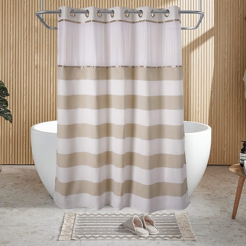 Hotel Grade Waffle Weave Fabric Hook Free Shower Curtain with Magnets Snap-in Liner - Heavy Duty Bath Curtain with See Through Top Machine Washable 71" W * 79“ L White