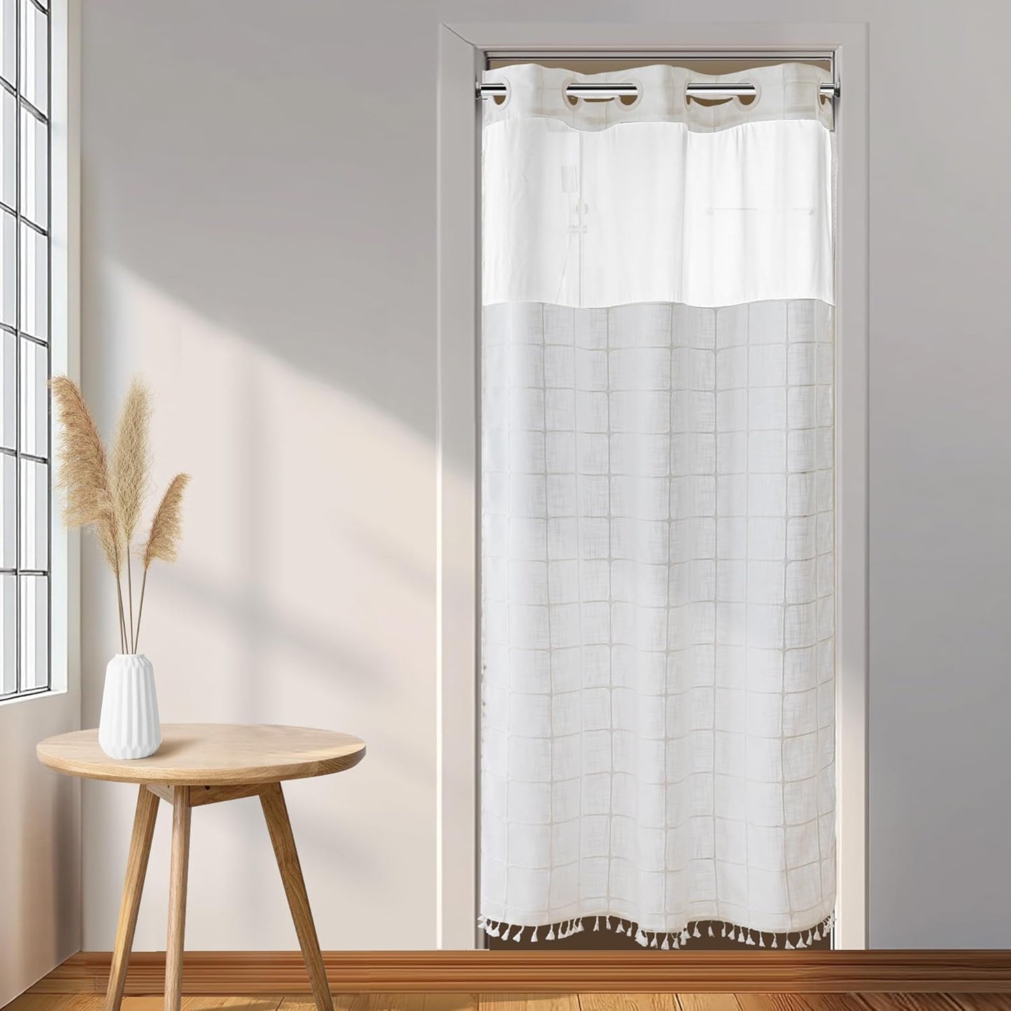 River Dream Farmhouse Linen Textured Shower Curtain with Snap-in Liner Set, No Hooks Needed, with Tassels for Rustic Bathroom Decor,with Window,with Magnets,Linen,71Wx74H