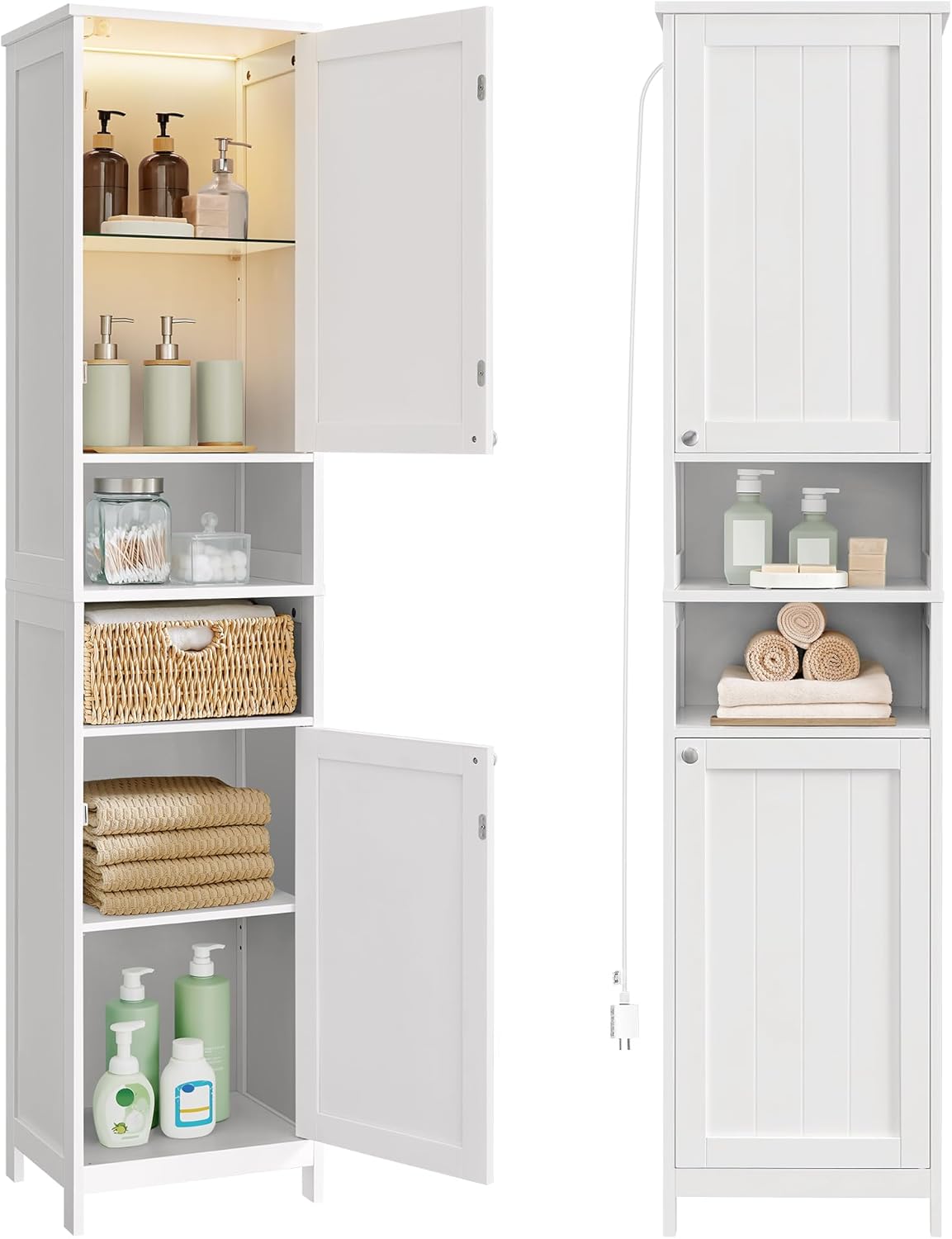 VASAGLE Tall Bathroom Cabinet with Lights, Slim Freestanding Bathroom Storage Cabinet with Adjustable Shelves, for Small Spaces, Modern, 11.8 Inches Wide, Cloud White UBBC566W02