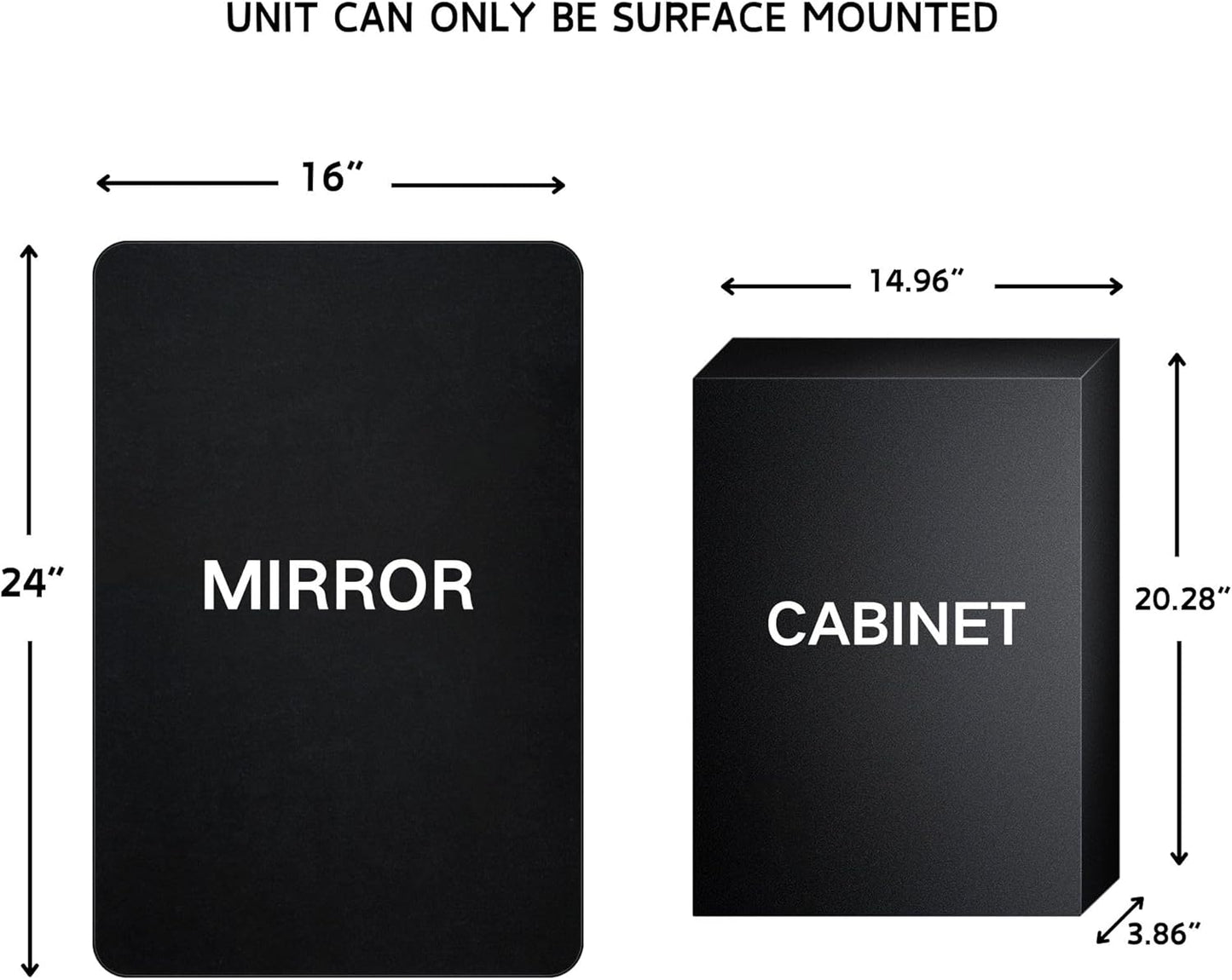 TEHOME Surface Mount 16x24 Black Bathroom Medicine Cabinet with Mirror Matt Black Metal Framed Rounded Rectangle Medicine Cabinet with Beveled Mirror