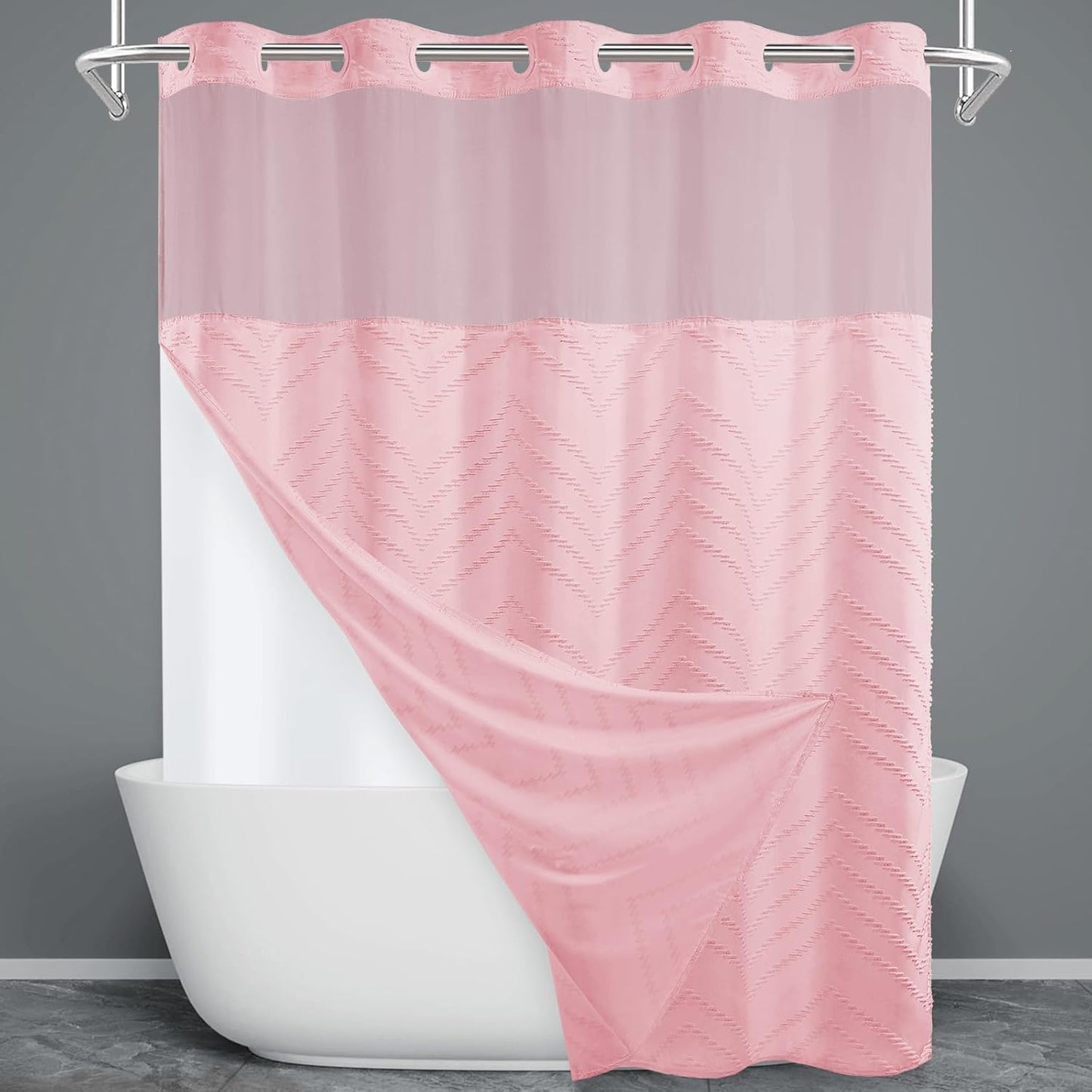 No Hook Shower Curtain with Snap in Liner, Tufted Chevron Striped Shower Curtain Set for Bathroom, Boho Waterproof and Washable Shower Curtains,71Wx74H, Grey