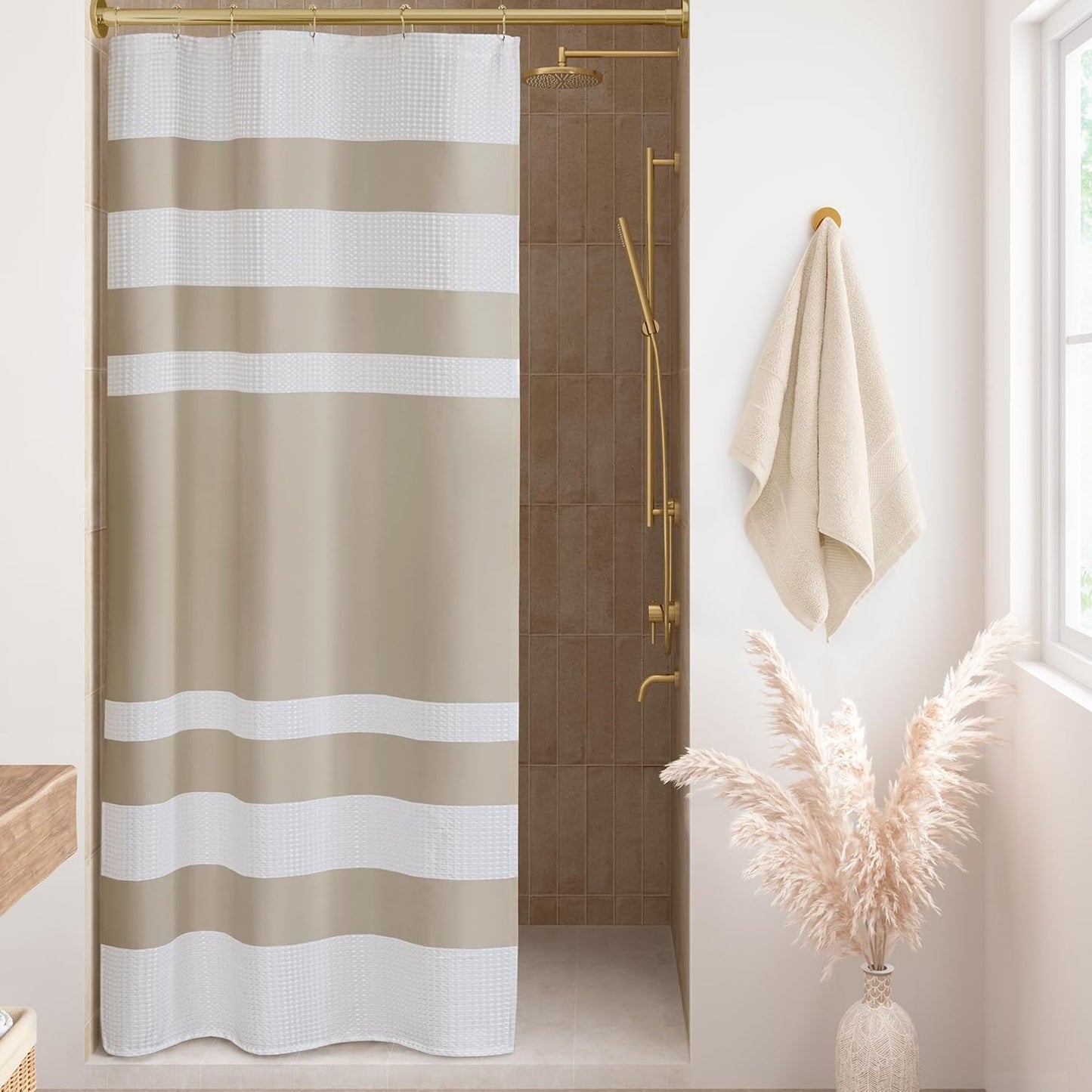 Madison Park Shower Curtain Waffle Weave Striped Pieced Design Fabric Shower Curtains for Bathroom with 3M Scotchgard Moisture Management Premium Spa Quality Modern Standard 72"x72" Grey