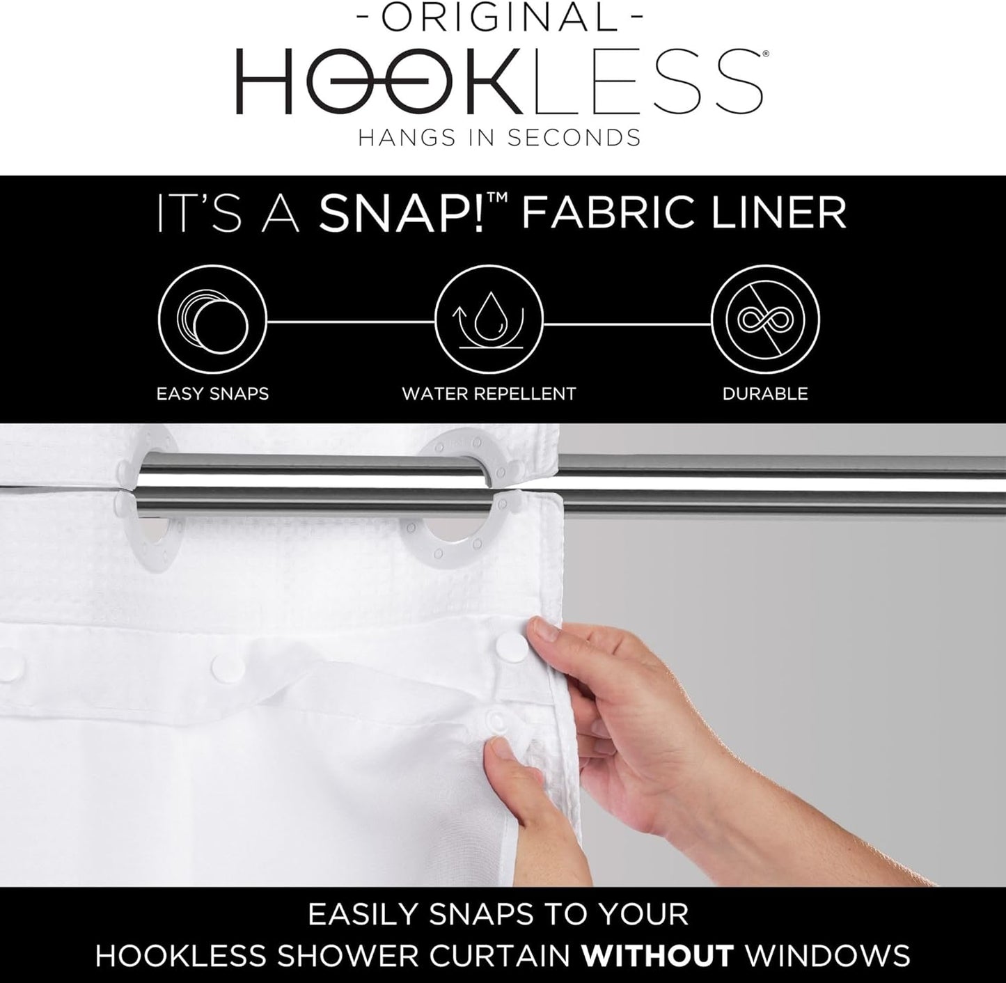 Hookless It's A Snap! Faux Silk Shower Curtain, 3-in-1 Curtain Includes Fabric Shower Curtain with Flex-On Rings & Fabric Liner with Magnets, 71" x 74", Geoometric Ombre Print, Blue