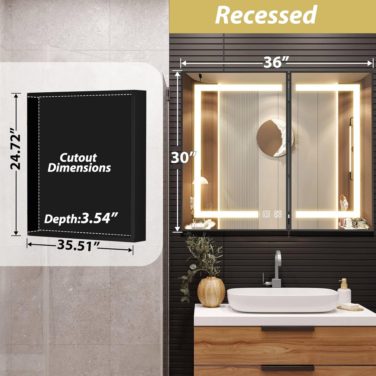 APRILSOUL 36X30 Inch Black Bathroom Medicine Cabinet with Mirror, Recessed or Surface Lighted Medicine Cabinet with 3 Colors Temperature, Dimmable Light