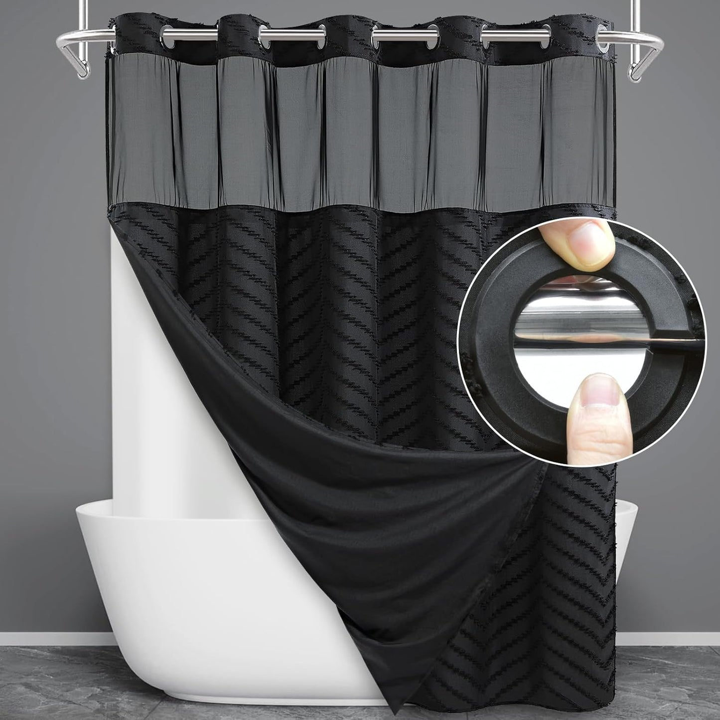 No Hook Shower Curtain with Snap in Liner, Tufted Chevron Striped Shower Curtain Set for Bathroom, Boho Waterproof and Washable Shower Curtains,71Wx74H, Grey