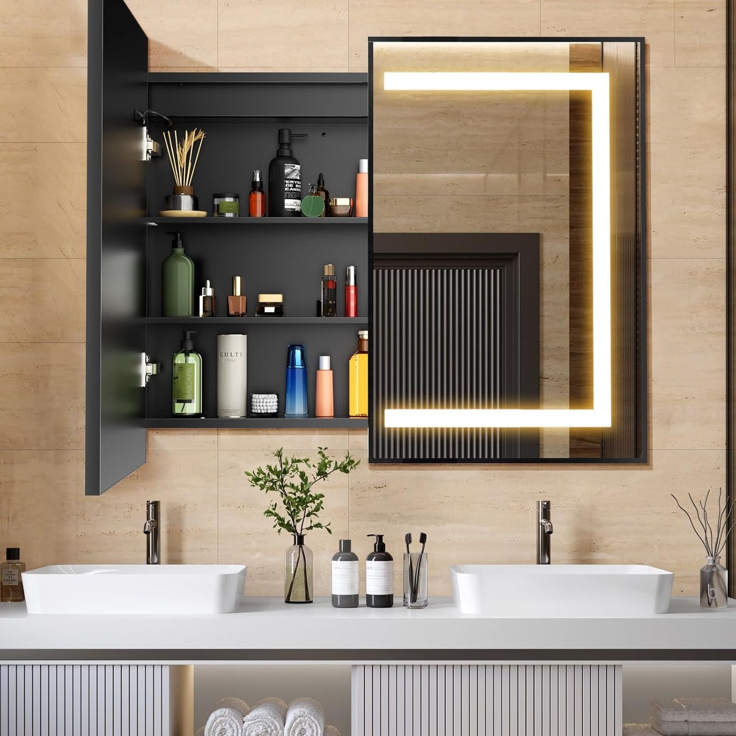 APRILSOUL 36X30 Inch Black Bathroom Medicine Cabinet with Mirror, Recessed or Surface Lighted Medicine Cabinet with 3 Colors Temperature, Dimmable Light