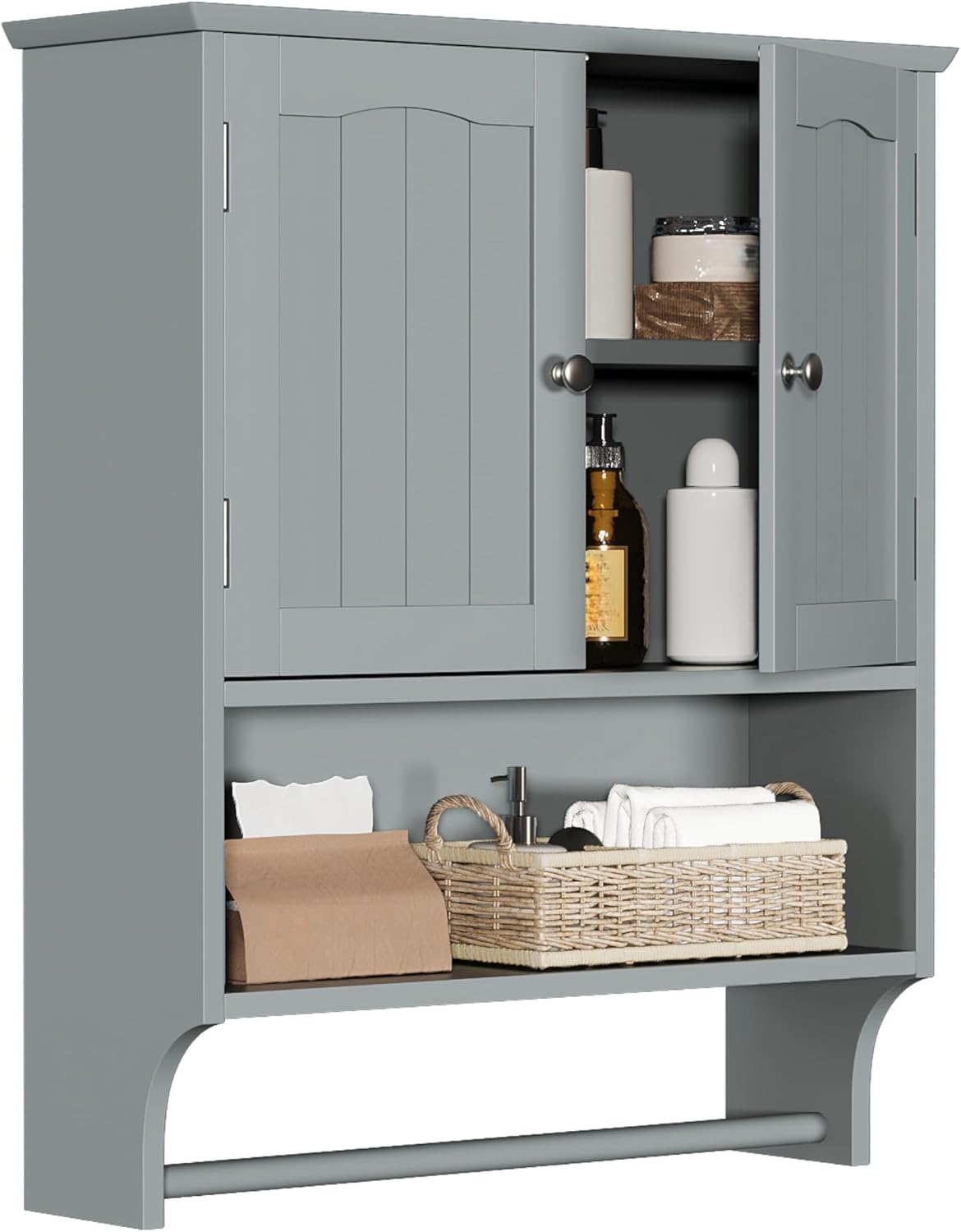 Smuxee White Bathroom Cabinet Wall Mounted with Towels Bar, Bathroom Medicine Cabinet with 2 Door Adjustable Shelves, Over Toilet Cabinet for Bathroom Laundry Room Kitchen