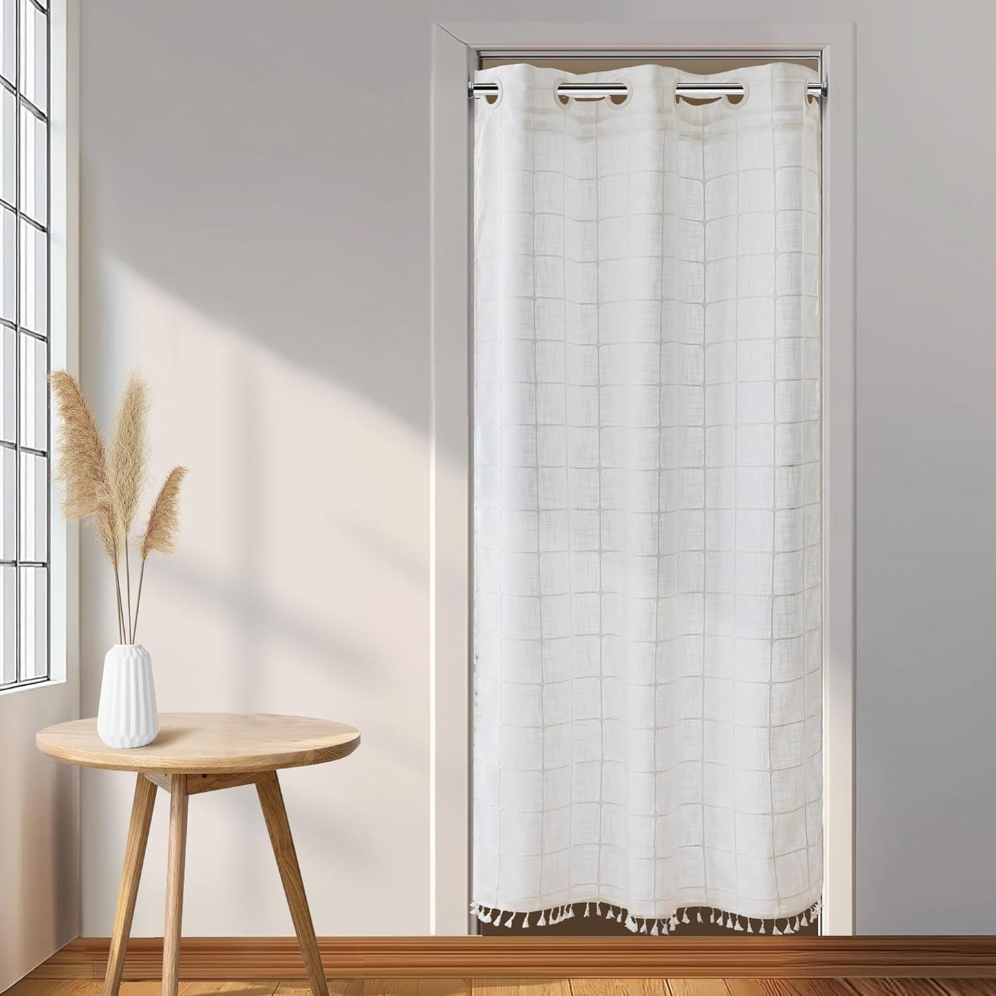 River Dream Farmhouse Linen Textured Shower Curtain with Snap-in Liner Set, No Hooks Needed, with Tassels for Rustic Bathroom Decor,with Window,with Magnets,Linen,71Wx74H