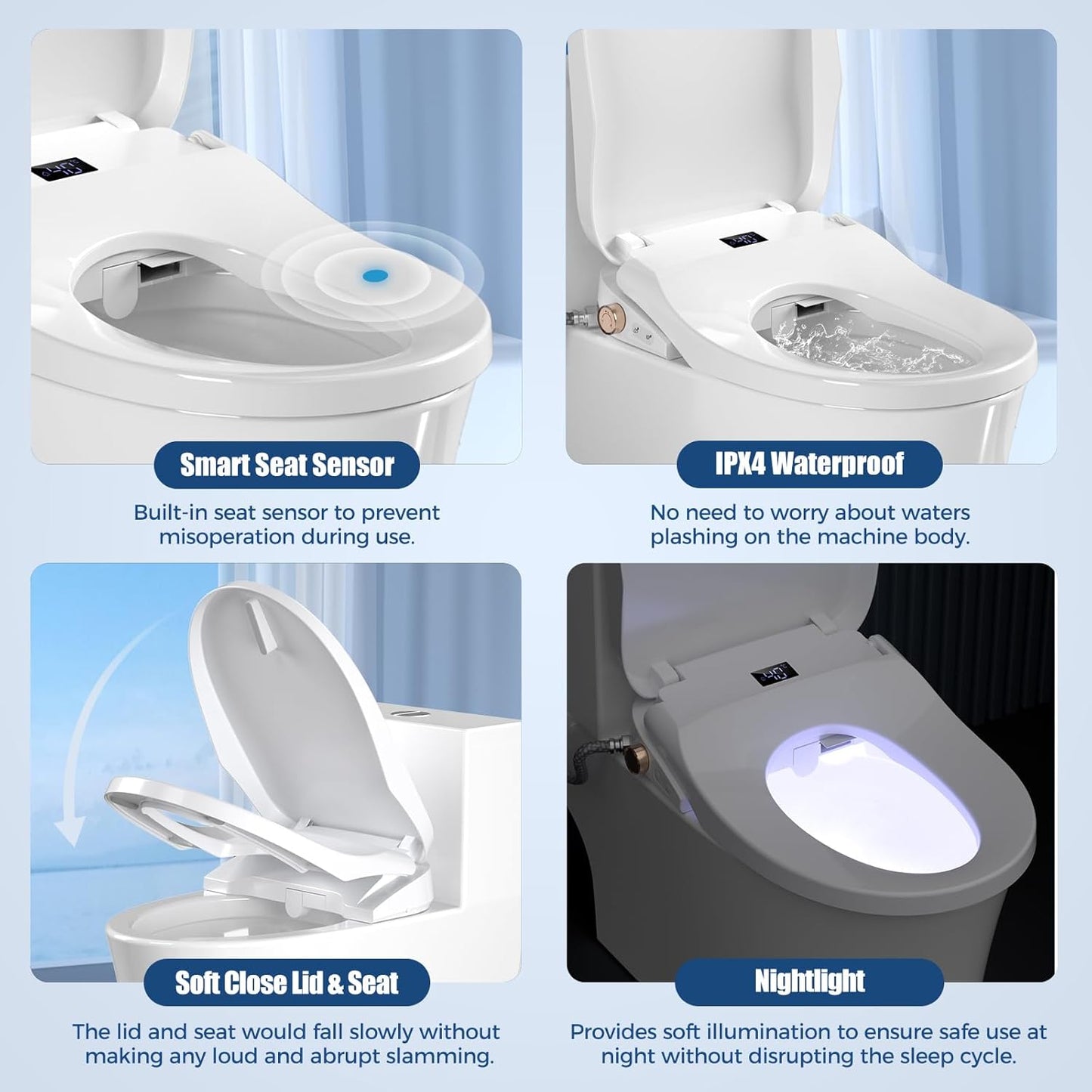 Bidet Toilet Seat, Electric Heated Toilet Seat Elongated with Instant Warm Water & Dryer, Rear and Feminine Washing, Self-Clean Nozzle, Slow Close Lid, Wireless Remote,Night Light