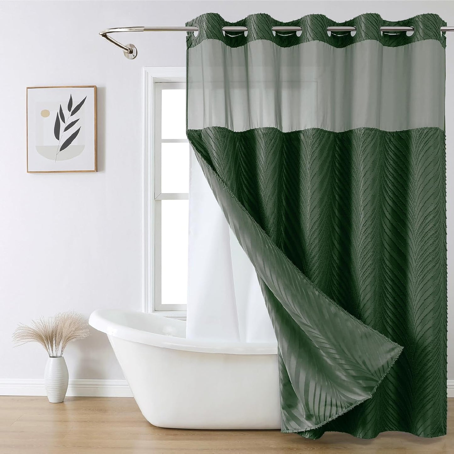 No Hook Shower Curtain and Liner Set,No Hook Tufted Striped Textured Shower Curtain with Snap in Liner Replacement and Waterproof Fabric,Boho Style with See Through Top Window,DarkGreen,71Wx74H