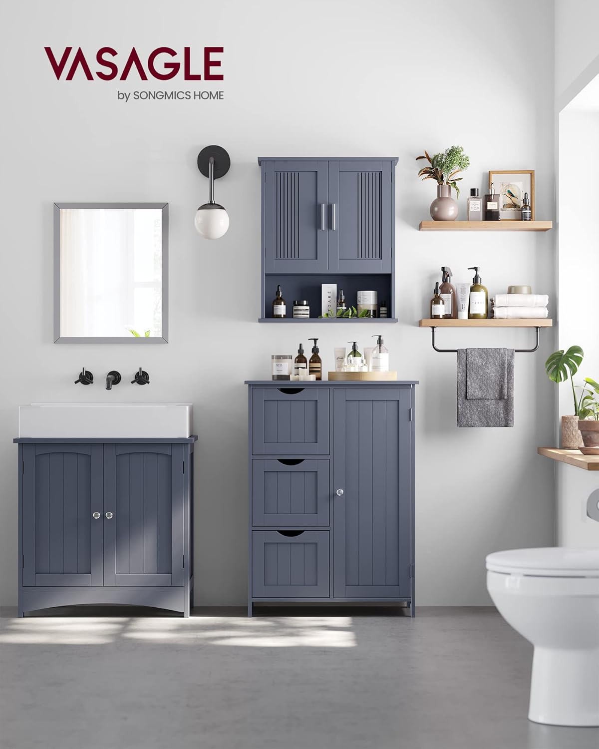VASAGLE Bathroom Floor Storage Cabinet, Freestanding Bathroom Storage Unit with 3 Drawers, 1 Adjustable Shelf, 11.8 x 23.6 x 31.5 Inches, Slate Gray UBBC049G01
