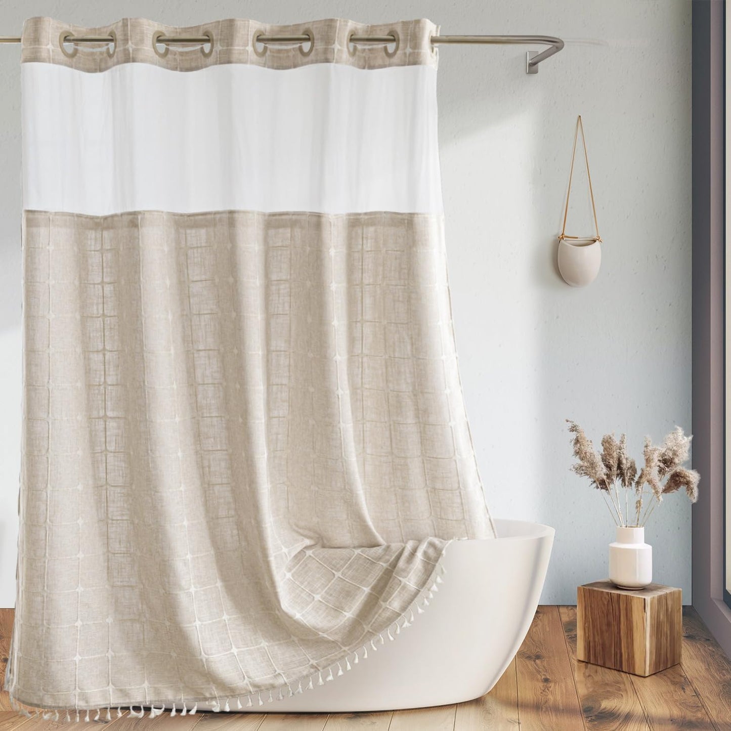 River Dream Farmhouse Linen Textured Shower Curtain with Snap-in Liner Set, No Hooks Needed, with Tassels for Rustic Bathroom Decor,with Window,with Magnets,Linen,71Wx74H