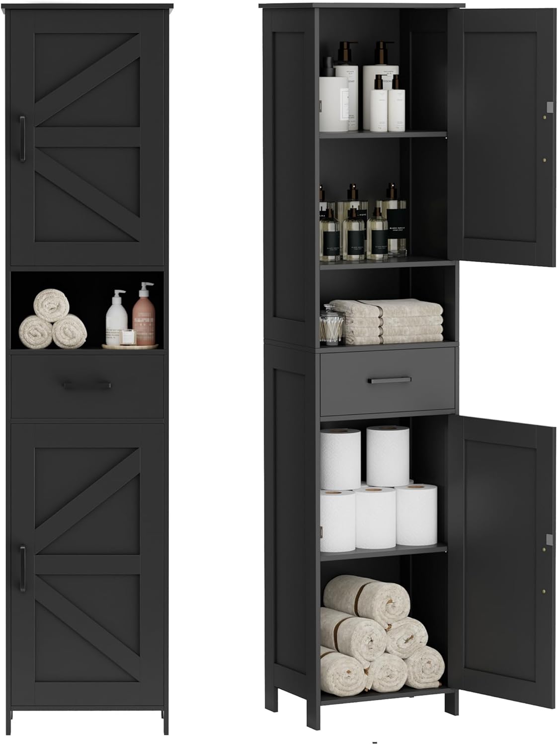 Homhedy 67" H Tall Bathroom Storage Cabinet with 2 Barn Doors and 1 Drawer, Narrow Storage Unit, Adjustable Shelves, Floor Cabinet for Bathroom, Living Room, Entryway, Kitchen, White, (15.7" W)
