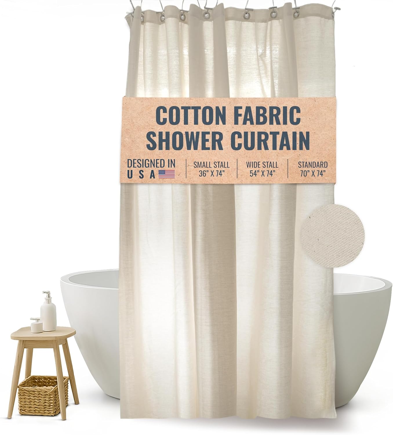FABRIC SHOWER CURTAIN LINER - Standard Bathtub Size - A Stylish Quality Bathroom Drape - Earth Friendly, Non-Toxic + Odor-Free Cotton Liner - Light-Weight Washable White Shower Curtain - 70x74 WC