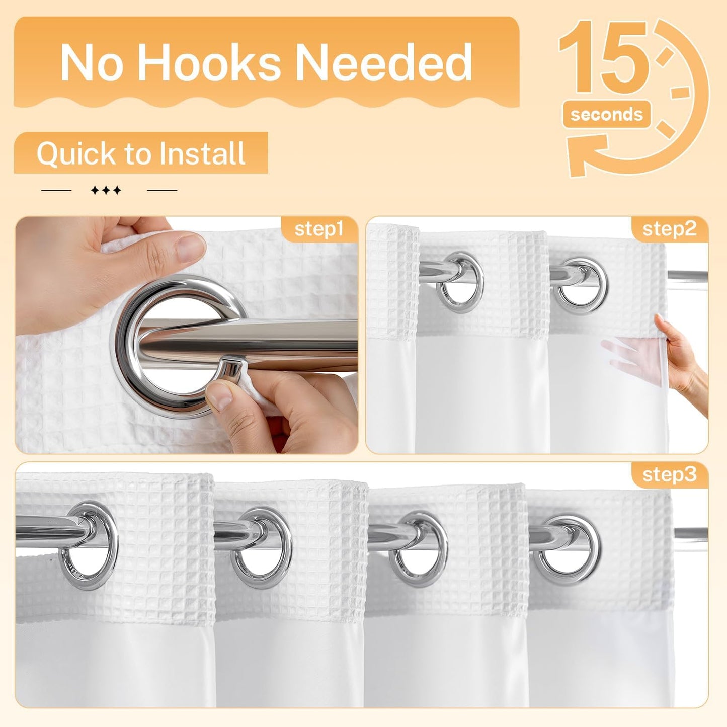 River Dream White Fabric Shower Curtain Set, Cotton Blend, Waffle Weave, with Snap in Replacement Liner,71 x 74 inches
