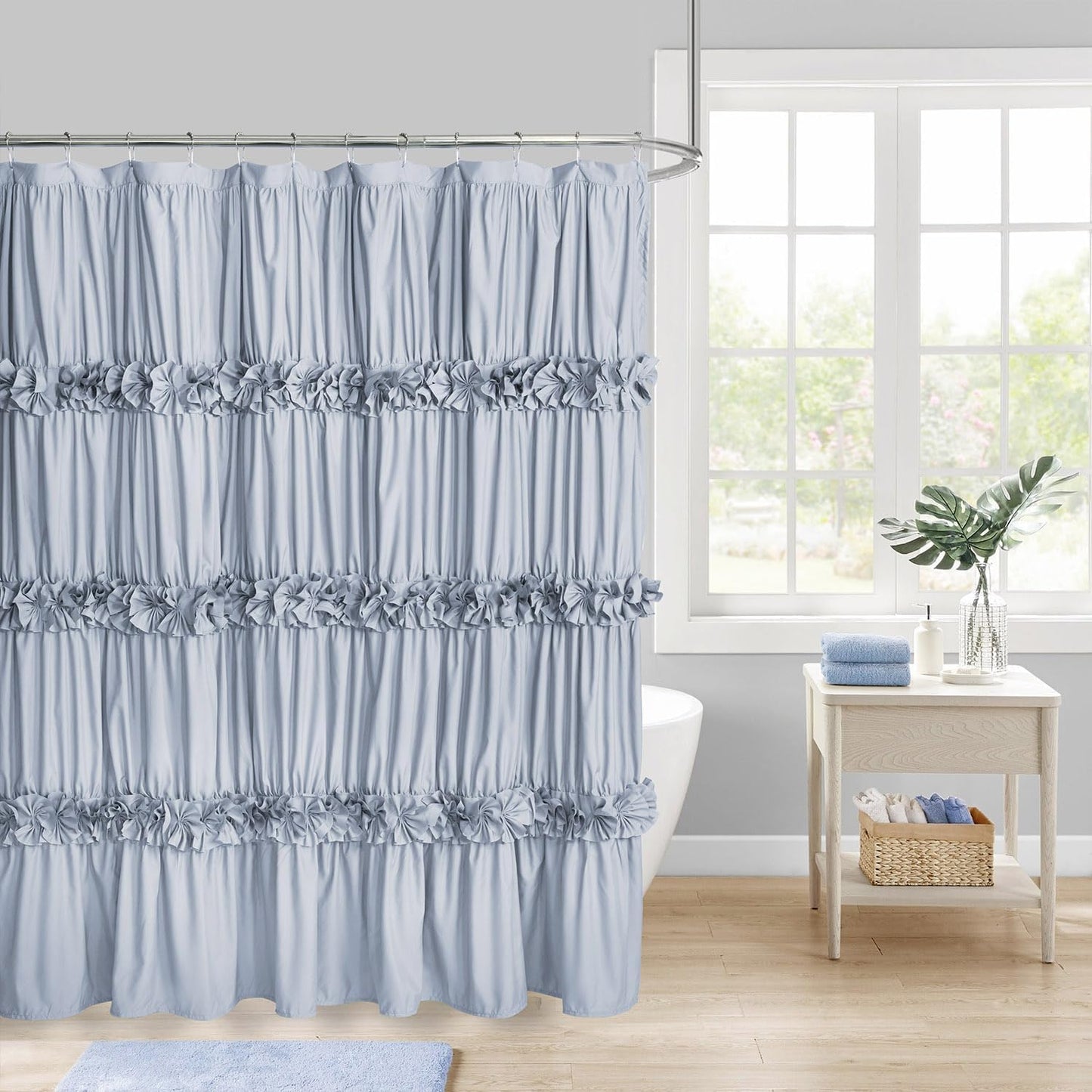 Victorian Ruffle Shower Curtain, Vintage Handcrafted Bow Tie Bath Curtain for Master Bathroom, Ruched Microfiber Bathroom Curtain with 12 Buttonholes, 72" W x 84" H, White (LQ-10)