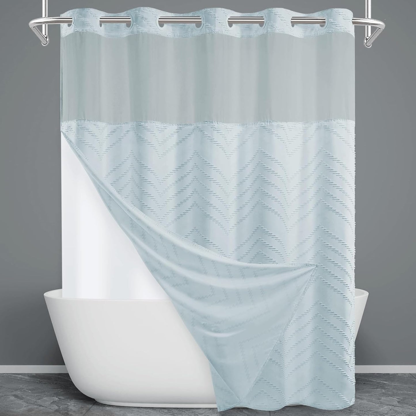 No Hook Shower Curtain with Snap in Liner, Tufted Chevron Striped Shower Curtain Set for Bathroom, Boho Waterproof and Washable Shower Curtains,71Wx74H, Grey