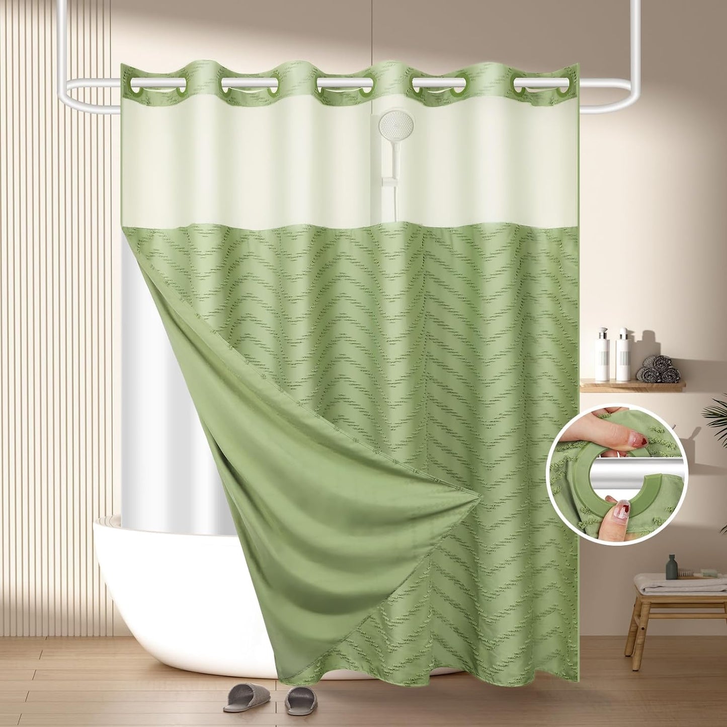 No Hook Shower Curtain and Liner Set, Black Snap in Shower Curtain Ringless Chevron Tufted Cloth Waterproof Washable Fabric Bath Curtain with See Through Top Window for Bathroom Hotel 71" x 74"