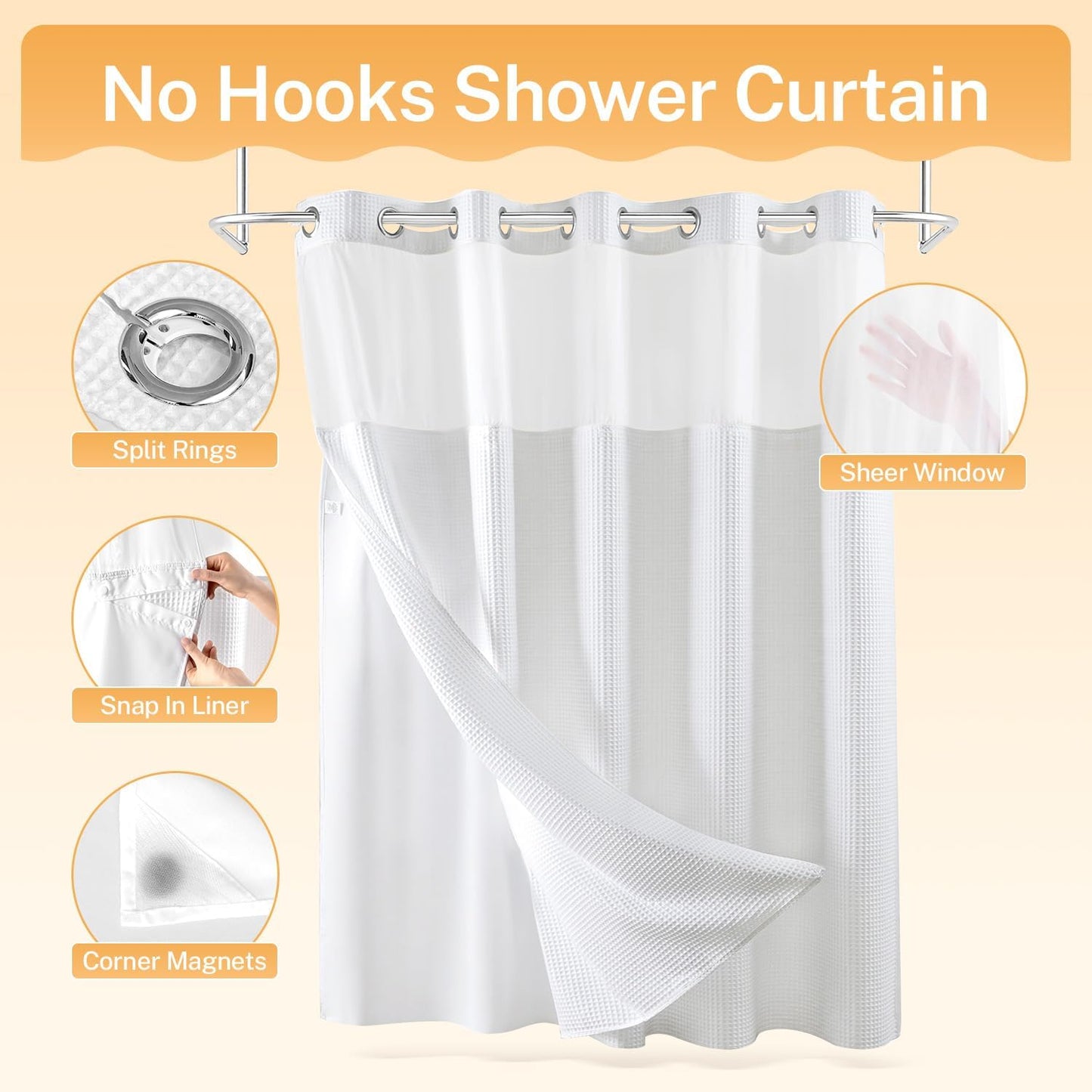 River Dream White Fabric Shower Curtain Set, Cotton Blend, Waffle Weave, with Snap in Replacement Liner,71 x 74 inches