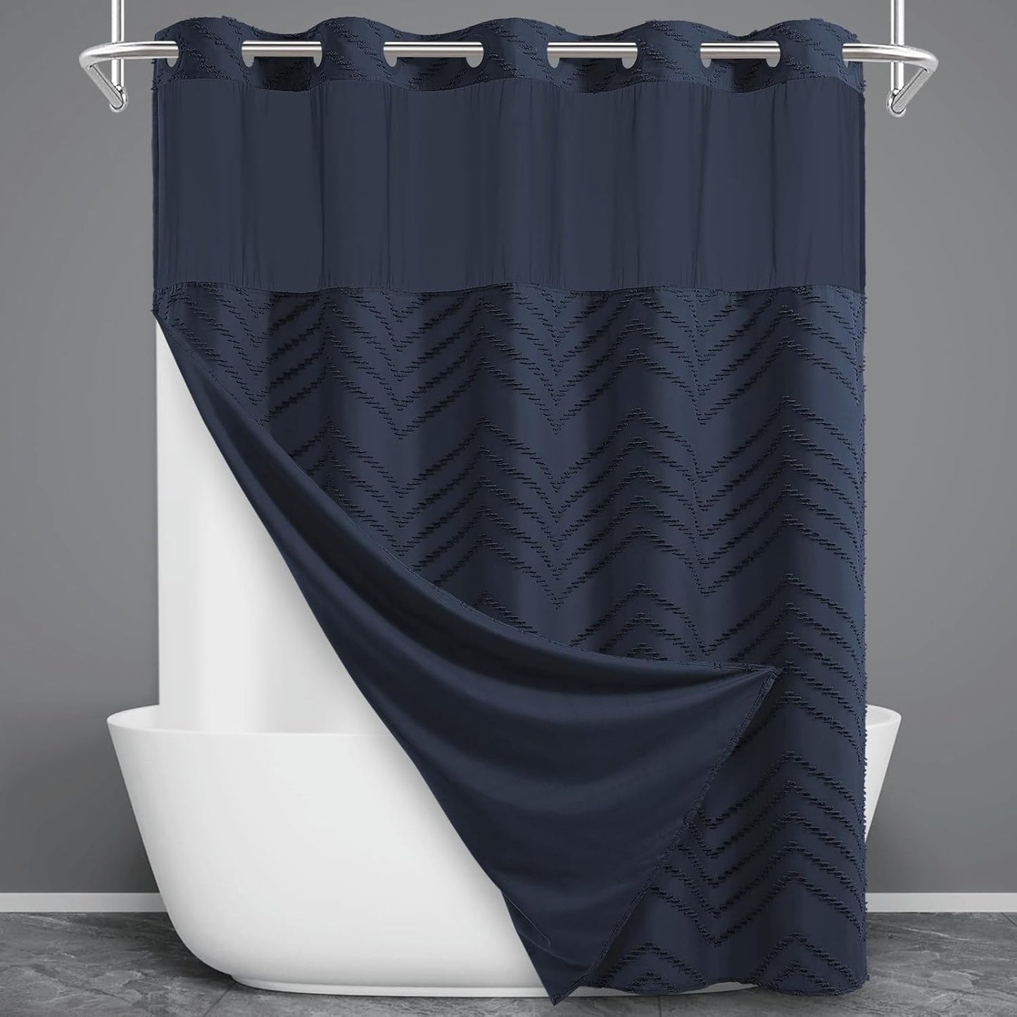 No Hook Shower Curtain with Snap in Liner, Tufted Chevron Striped Shower Curtain Set for Bathroom, Boho Waterproof and Washable Shower Curtains,71Wx74H, Grey