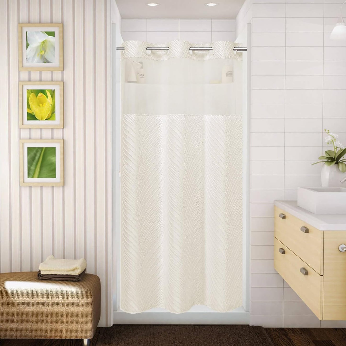 No Hook Shower Curtain and Liner Set,No Hook Tufted Striped Textured Shower Curtain with Snap in Liner Replacement and Waterproof Fabric,Boho Style with See Through Top Window,DarkGreen,71Wx74H