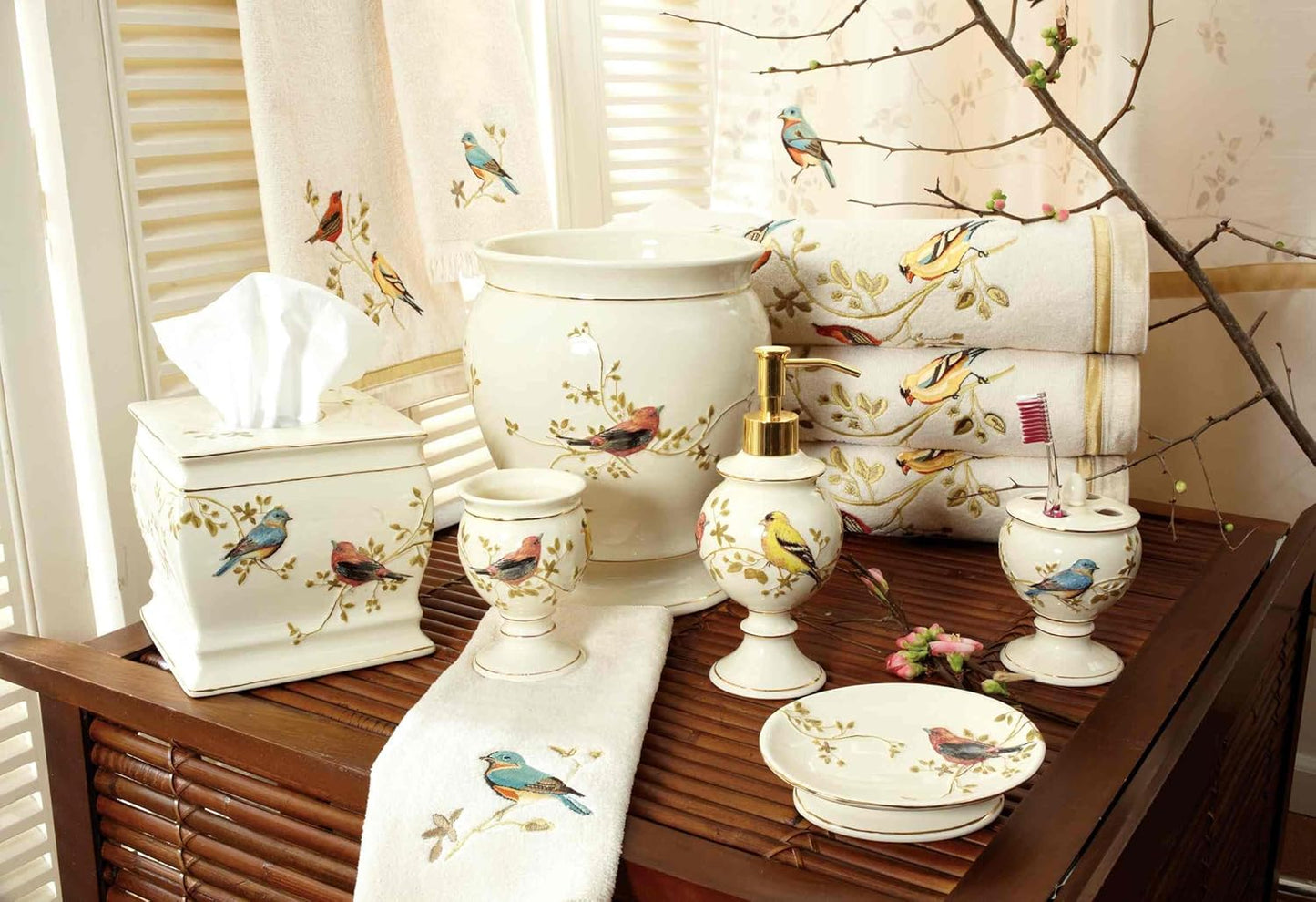 Avanti Linens- Shower Set, Fabric Shower Curtain & 12pc Curtain Hooks, Durable Bathroom Essentials (Gilded Birds Collection)