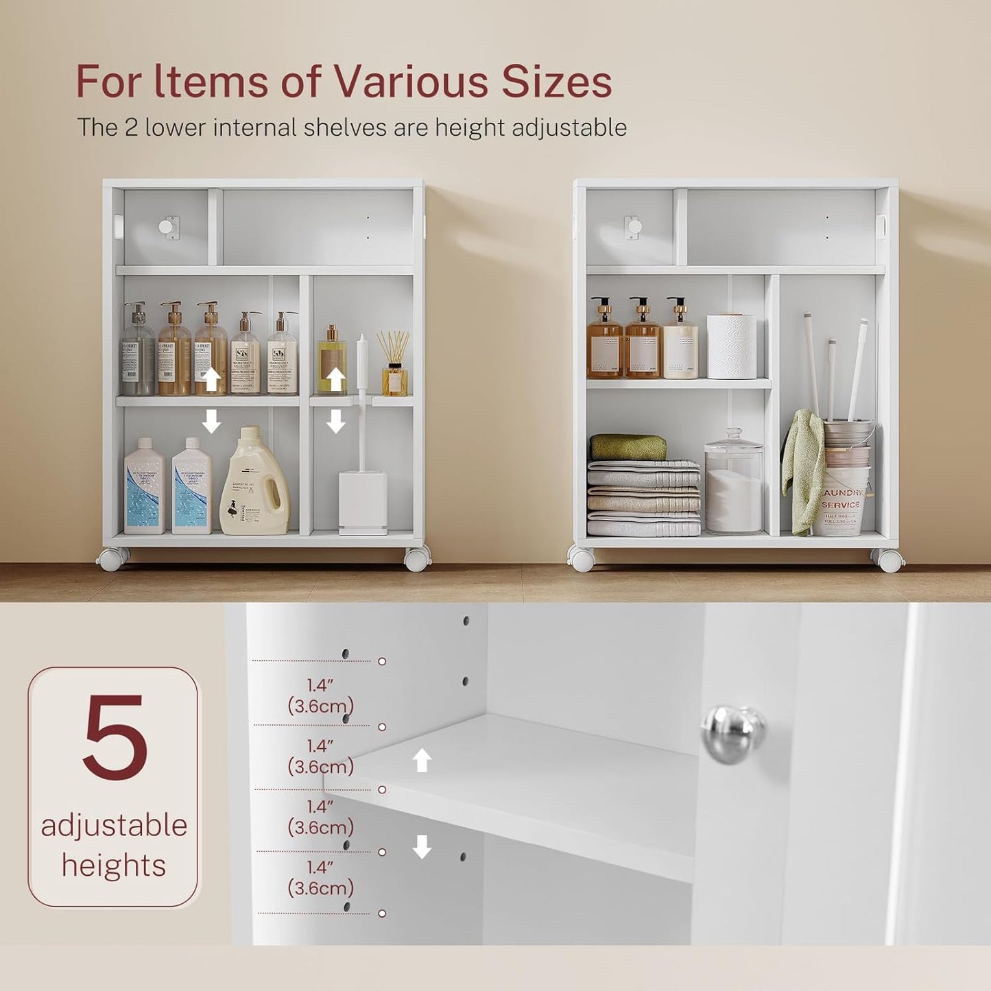 Toilet Paper Cabinets, Slim Bathroom Storage Cabinet with 2 Adjustable Shelves, Toilet Paper Holder and Brush Compartment, Next to Toilets Storage, for Small Space, Bathroom, White