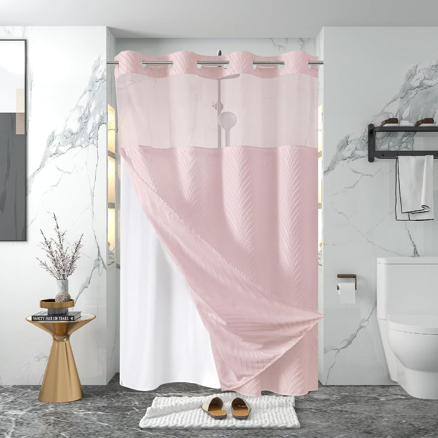 No Hook Shower Curtain and Liner Set,No Hook Tufted Striped Textured Shower Curtain with Snap in Liner Replacement and Waterproof Fabric,Boho Style with See Through Top Window,DarkGreen,71Wx74H
