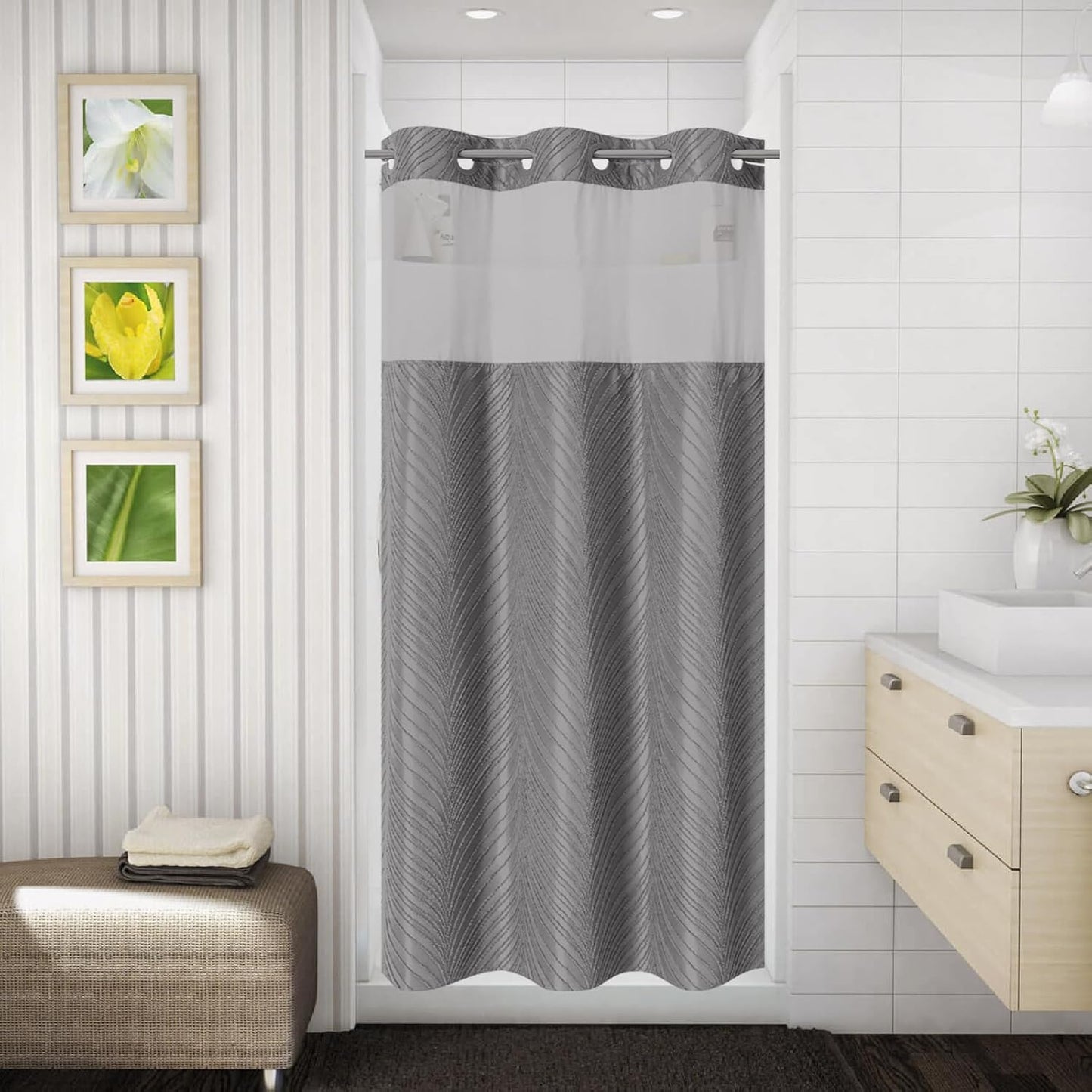 No Hook Shower Curtain and Liner Set,No Hook Tufted Striped Textured Shower Curtain with Snap in Liner Replacement and Waterproof Fabric,Boho Style with See Through Top Window,DarkGreen,71Wx74H