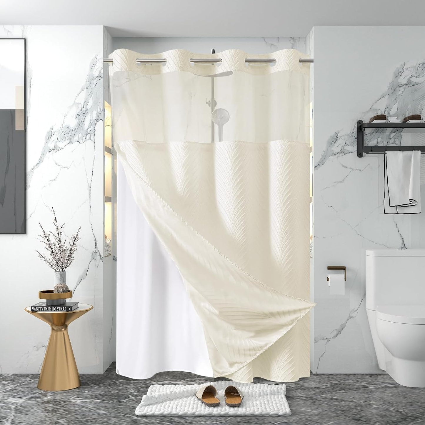 No Hook Shower Curtain and Liner Set,No Hook Tufted Striped Textured Shower Curtain with Snap in Liner Replacement and Waterproof Fabric,Boho Style with See Through Top Window,DarkGreen,71Wx74H