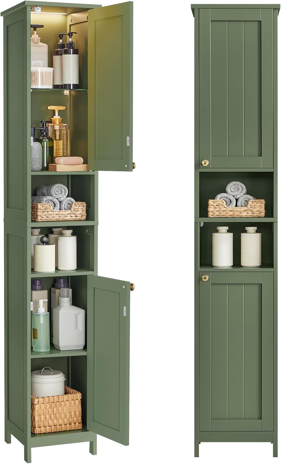 VASAGLE Tall Bathroom Cabinet with Lights, Slim Freestanding Bathroom Storage Cabinet with Adjustable Shelves, for Small Spaces, Modern, 11.8 Inches Wide, Cloud White UBBC566W02