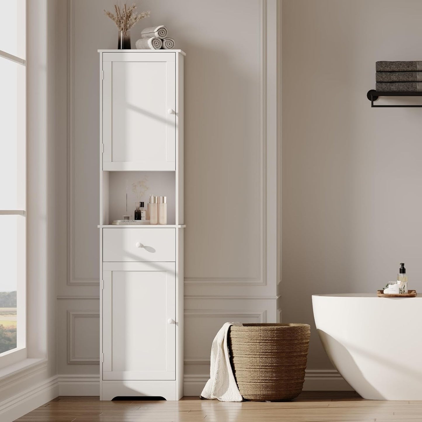 Tall Bathroom Cabinet, Storage Cabinet with 2 Doors & 2Drawer, with Ajustable Shelve, for Bathrooms, Kitchens,Entrances,Bedrooms(White)