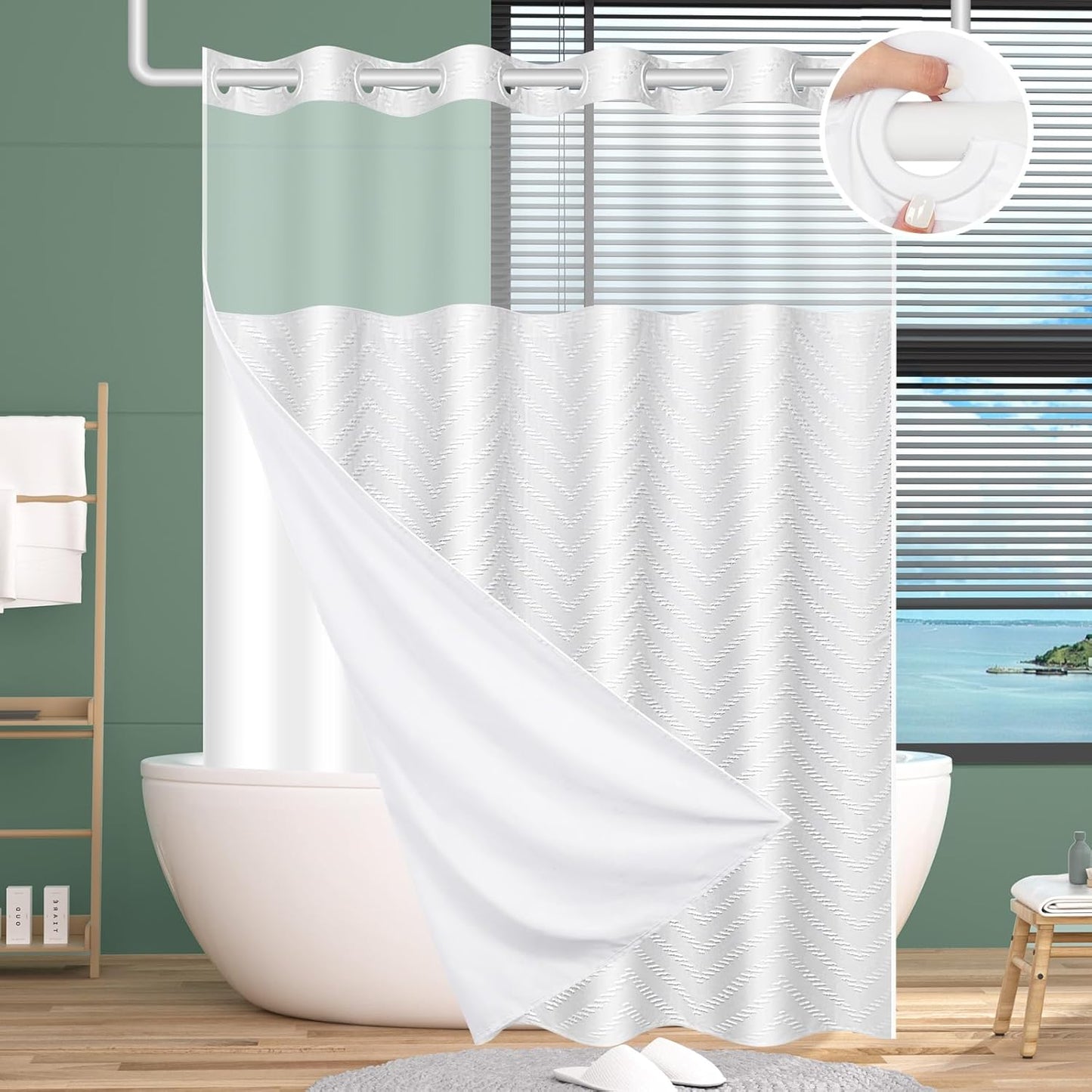 No Hook Shower Curtain and Liner Set, Black Snap in Shower Curtain Ringless Chevron Tufted Cloth Waterproof Washable Fabric Bath Curtain with See Through Top Window for Bathroom Hotel 71" x 74"