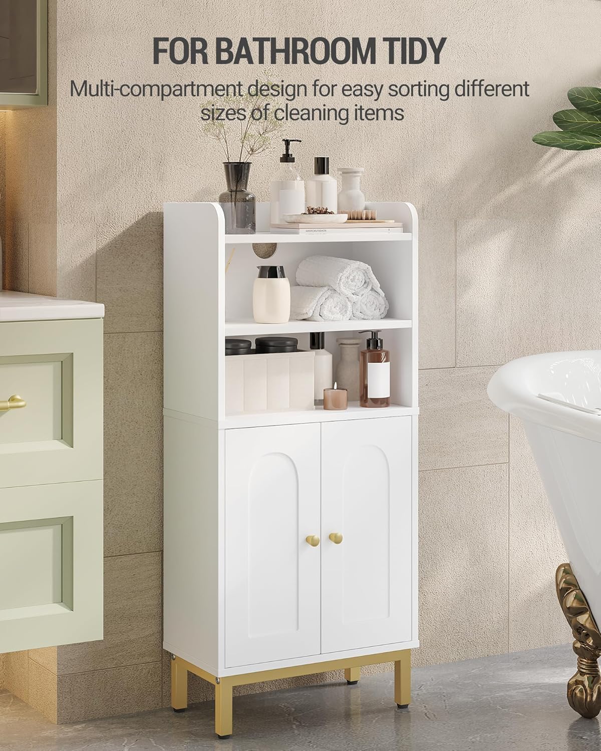 Bathroom Storage Cabinet, Small Floor Cabinet with 2 Door and Shelves, Toilet Paper Cabinets, Bathroom Organizer with Adjustable Shelf, for Small Spaces (Modern, White)